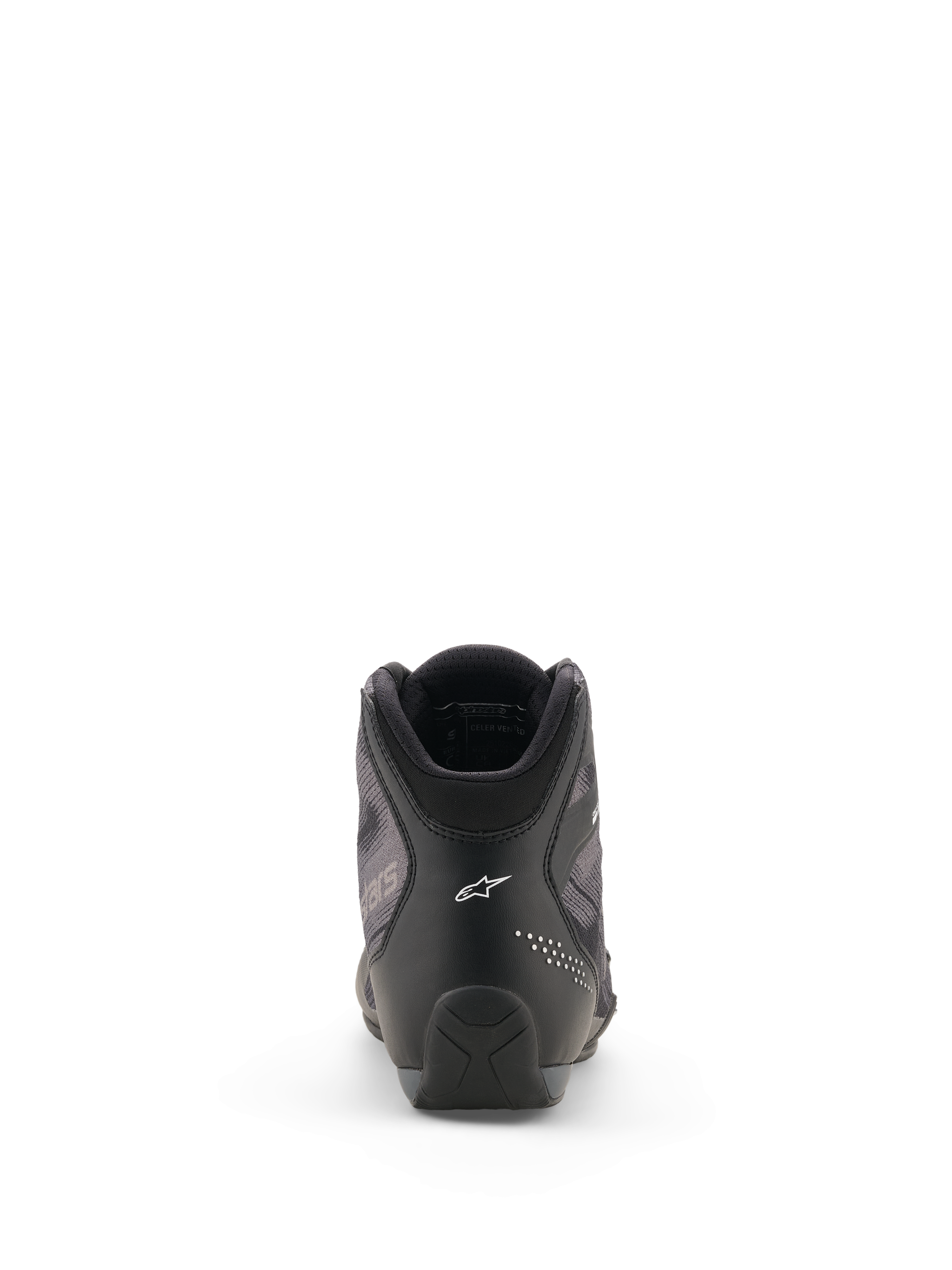 Alpinestars Celer Superair schoenen, motorschoenen, zwart en donkergrijs, achteraanzicht met het witte Alpinestars-logo op de hiel, technische microvezel- en airflow-textielconstructie, strak sportief design