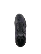 Alpinestars Celer Superair Shoes, Motorcycle Riding Shoes, Black and Dark Gray, top-down view highlighting the Rotor Closure System dial, breathable high-airflow textile construction, and protective synthetic reinforcements
