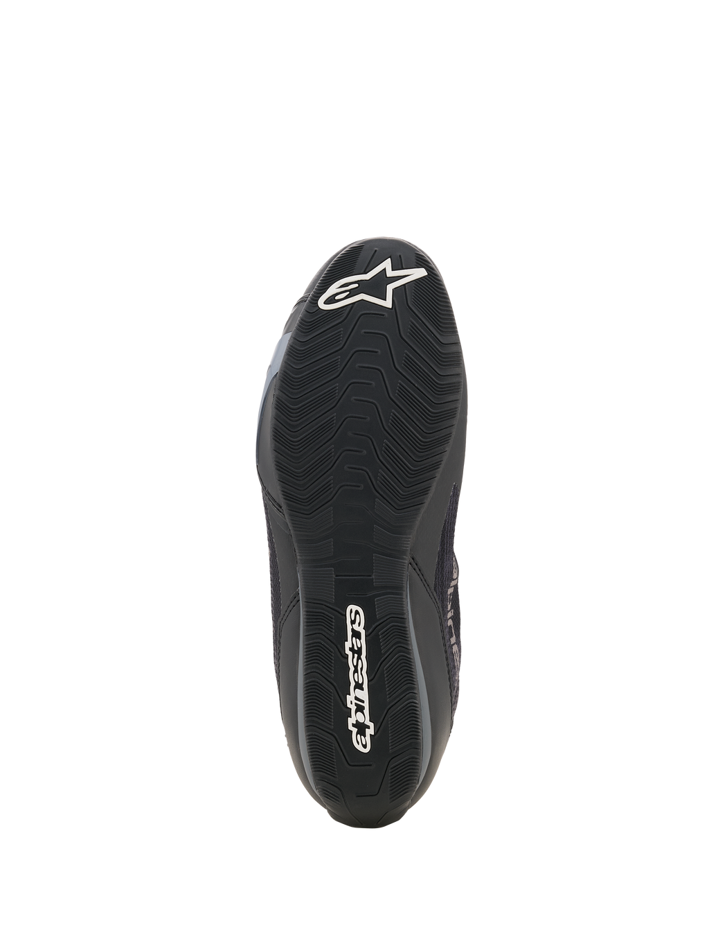 Alpinestars Celer Superair schoenen, motorschoenen, zwart en donkergrijs, onderaanzicht van de getextureerde oliebestendige rubberen buitenzool, met wit Alpinestars sterlogo op de neus en woordmerk op de hiel
