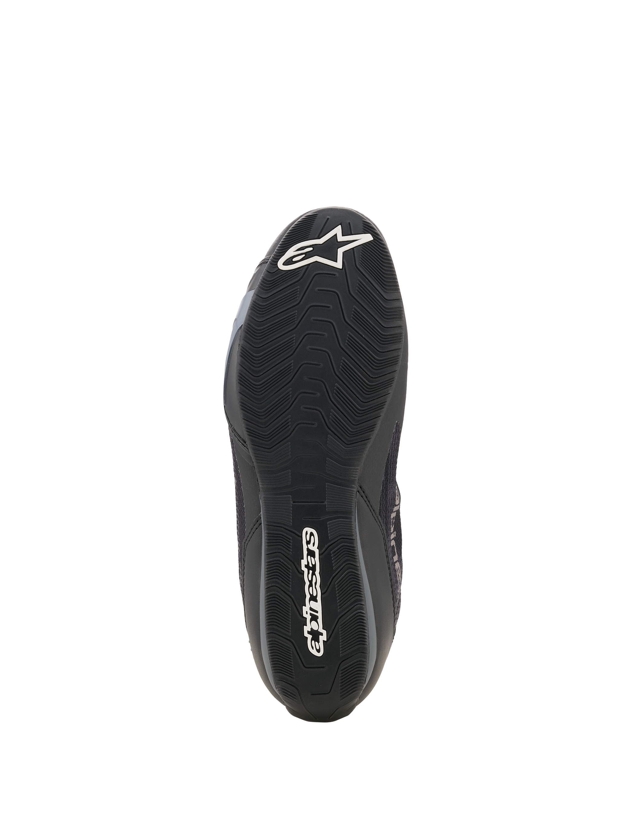 Alpinestars Celer Superair Shoes, Motorcycle Riding Shoes, Black and Dark Gray, bottom view of textured oil-resistant rubber outsole, featuring white Alpinestars star logo at toe and wordmark at heel