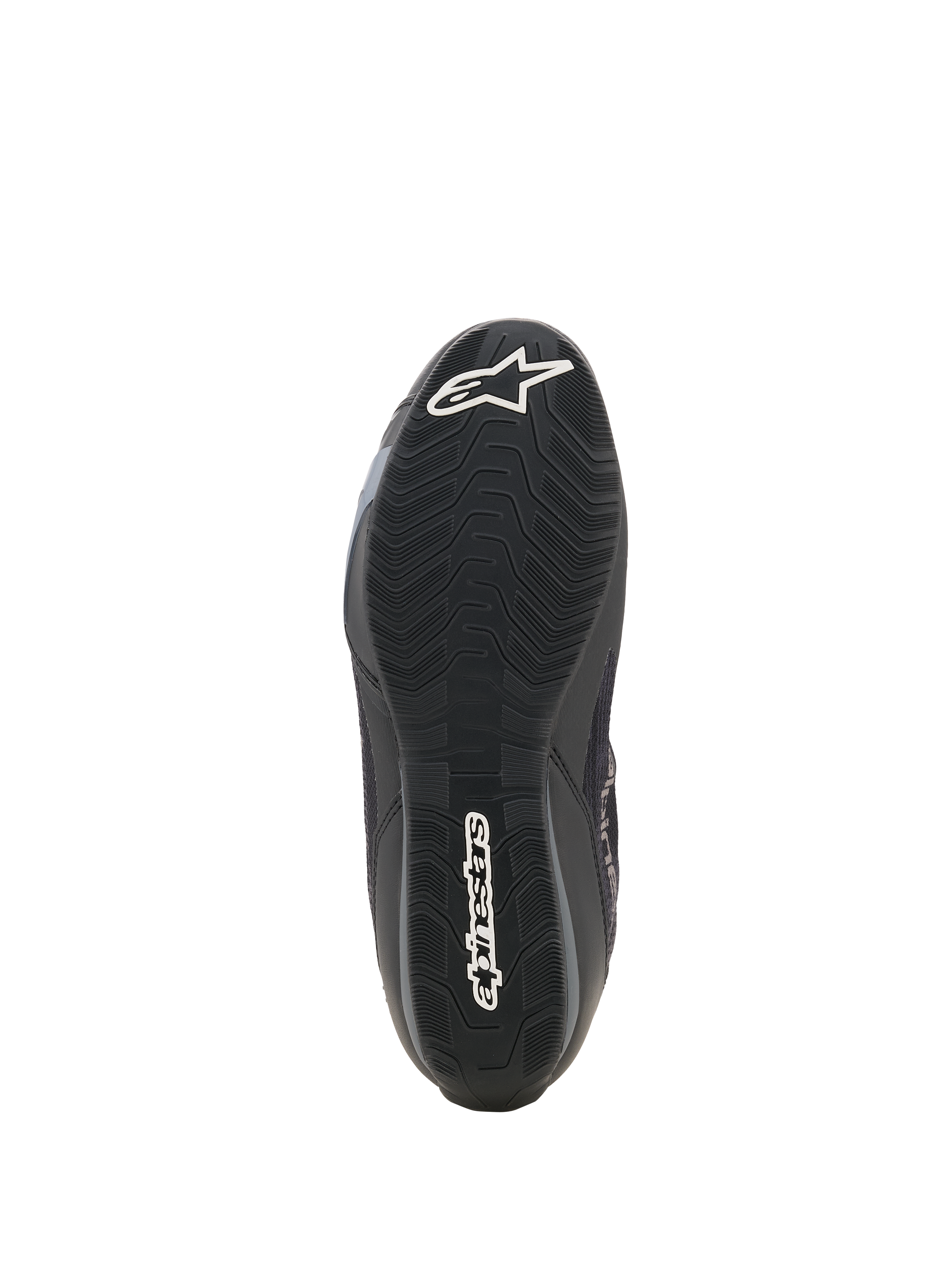 Alpinestars Celer Superair schoenen, motorschoenen, zwart en donkergrijs, onderaanzicht van de getextureerde oliebestendige rubberen buitenzool, met wit Alpinestars sterlogo op de neus en woordmerk op de hiel