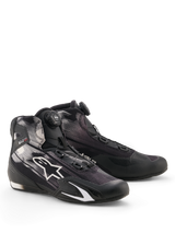 Alpinestars Celer Superair Shoes, Motorcycle Riding Shoes, Black and White, featuring a dial-operated Rotor Closure System on the tongue, white star logo on a breathable textile upper, and a sporty low-profile design.
