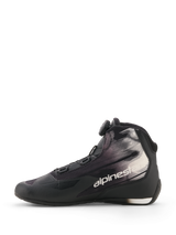 Alpinestars Celer Superair Shoes, Black and White, motorcycle riding shoes, side profile view, featuring Rotor Closure System dial, textile upper with white graphic patterns and Alpinestars logo, sport and leisure design