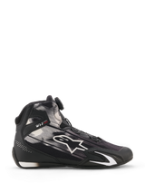 Alpinestars Celer Superair Shoes, Motorcycle Riding Shoes, Black and White, side profile view featuring white graphic patterns and large Astar logo, Rotor Closure System on the tongue, TPU ankle protection with 'ONE GOAL ONE VISION' branding, breathable textile upper for warm-weather performance