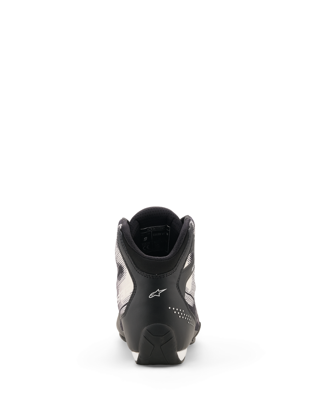 Alpinestars Celer Superair schoenen, motorschoenen, zwart en wit, achteraanzicht van de hiel met wit Astar-logo, geperforeerde accenten en getextureerd zoolontwerp