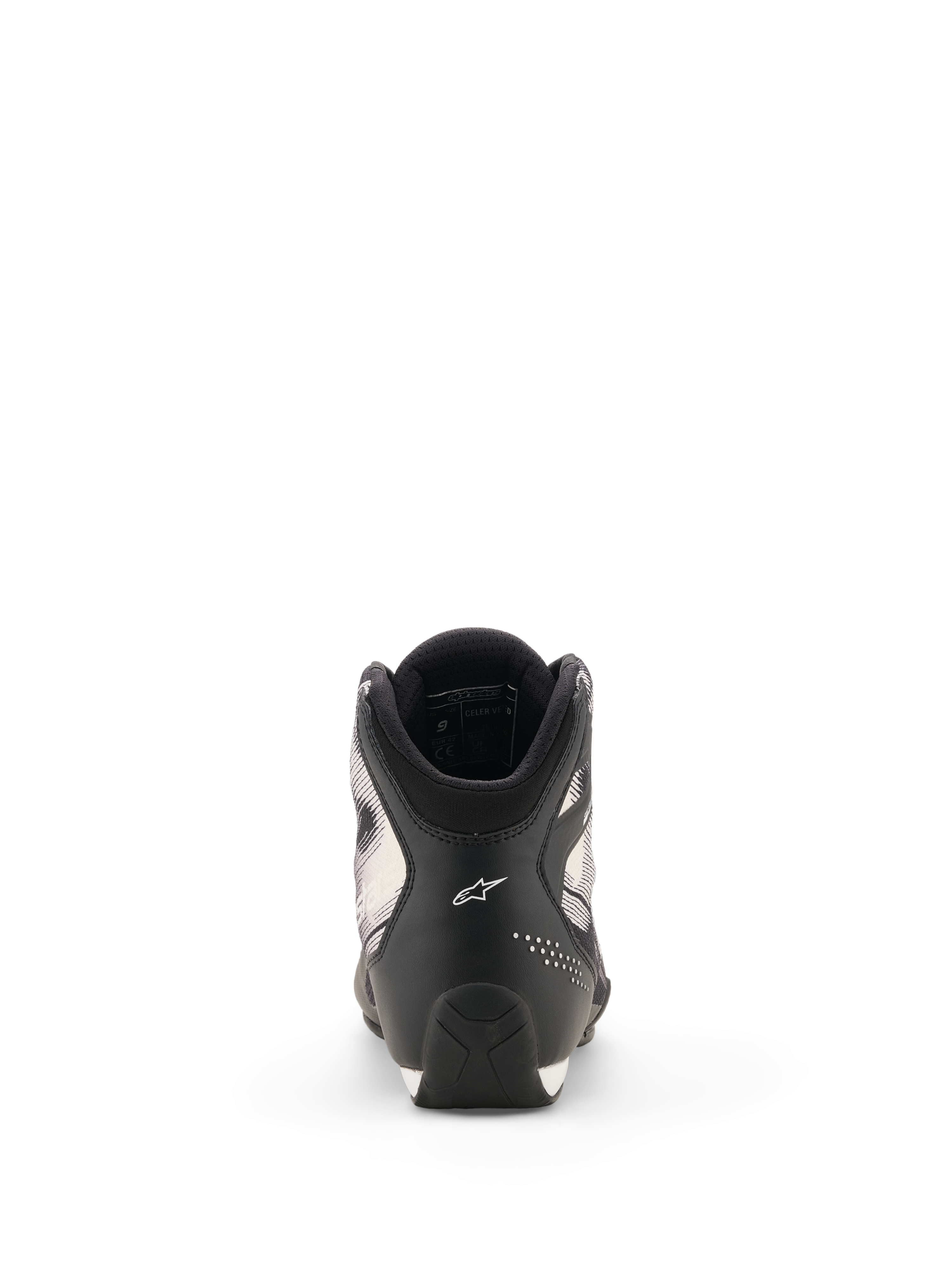 Alpinestars Celer Superair schoenen, motorschoenen, zwart en wit, achteraanzicht van de hiel met wit Astar-logo, geperforeerde accenten en getextureerd zoolontwerp