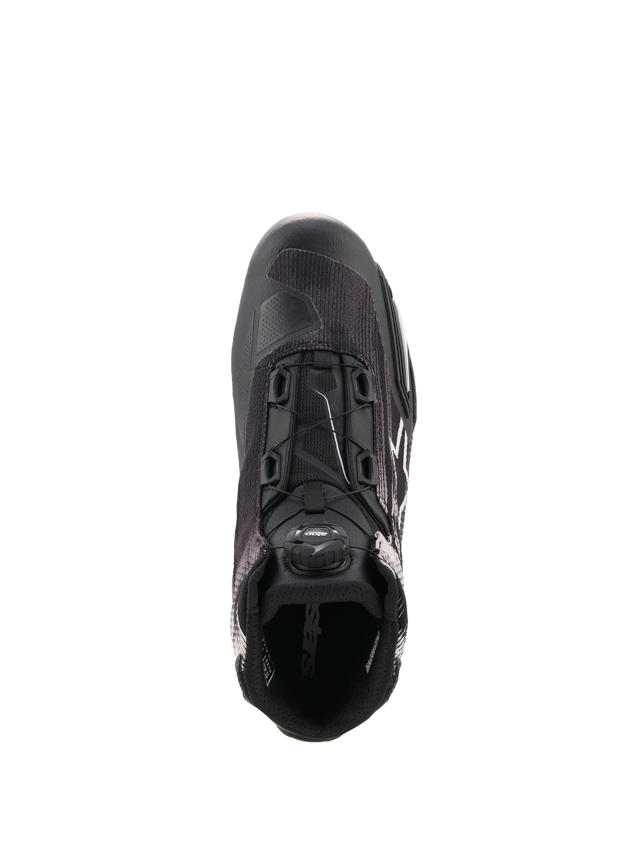 Alpinestars Celer Superair Shoes, Black and White motorcycle riding shoe shown from a top-down perspective, featuring the integrated Rotor Closure System, breathable textile upper, and sport-inspired design for warm-weather performance.