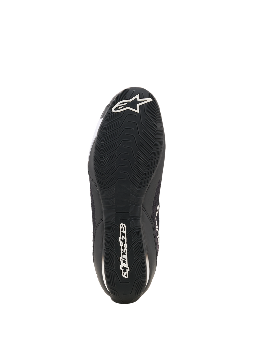 Alpinestars Celer Superair schoenen, motorschoenen, zwart en wit, onderaanzicht van de oliebestendige rubberen buitenzool met getextureerd loopvlak, wit Alpinestars-logo op de hiel en merknaam in het midden voor grip en prestaties