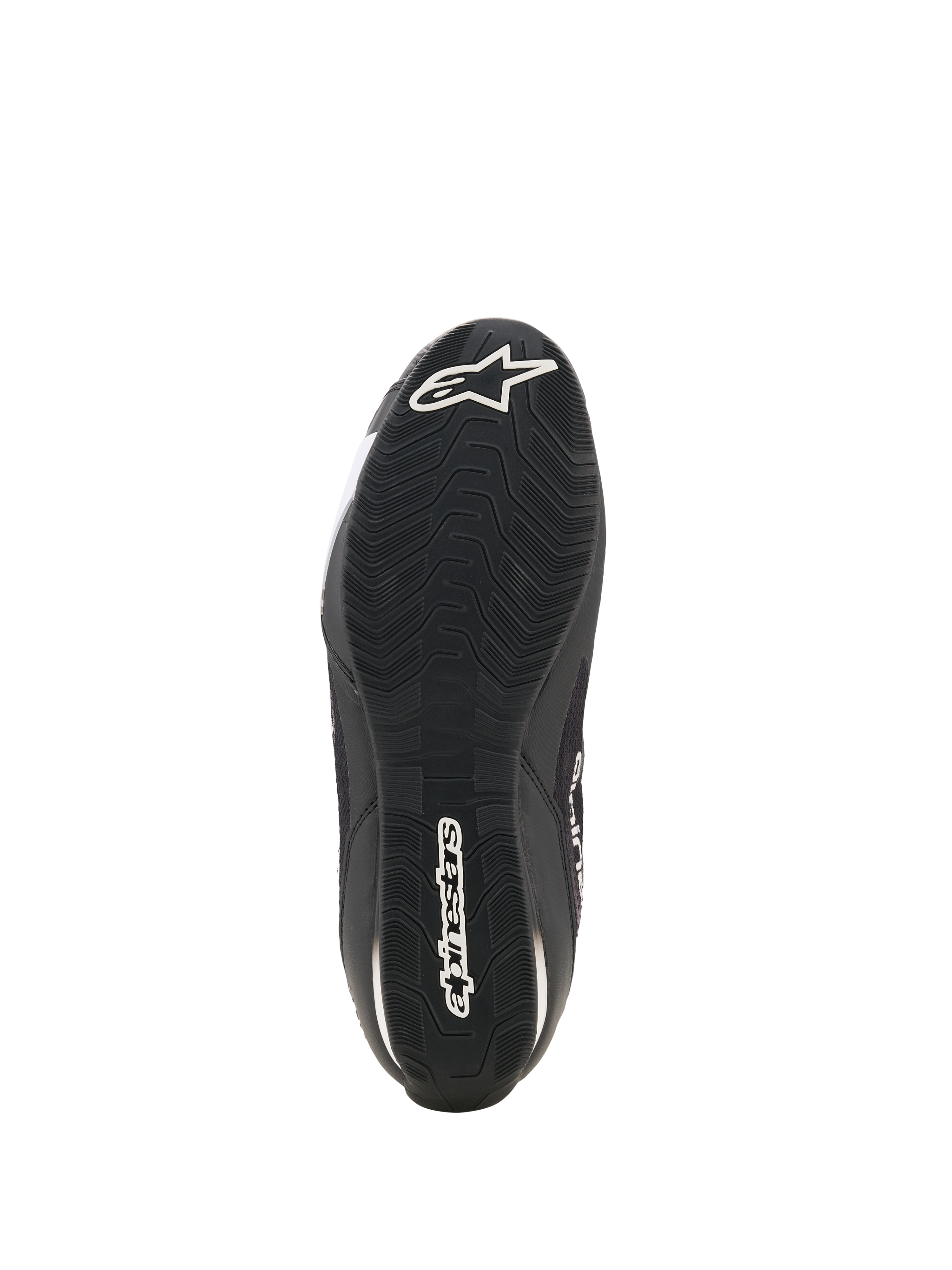 Alpinestars Celer Superair schoenen, motorschoenen, zwart en wit, onderaanzicht van de oliebestendige rubberen buitenzool met getextureerd loopvlak, wit Alpinestars-logo op de hiel en merknaam in het midden voor grip en prestaties