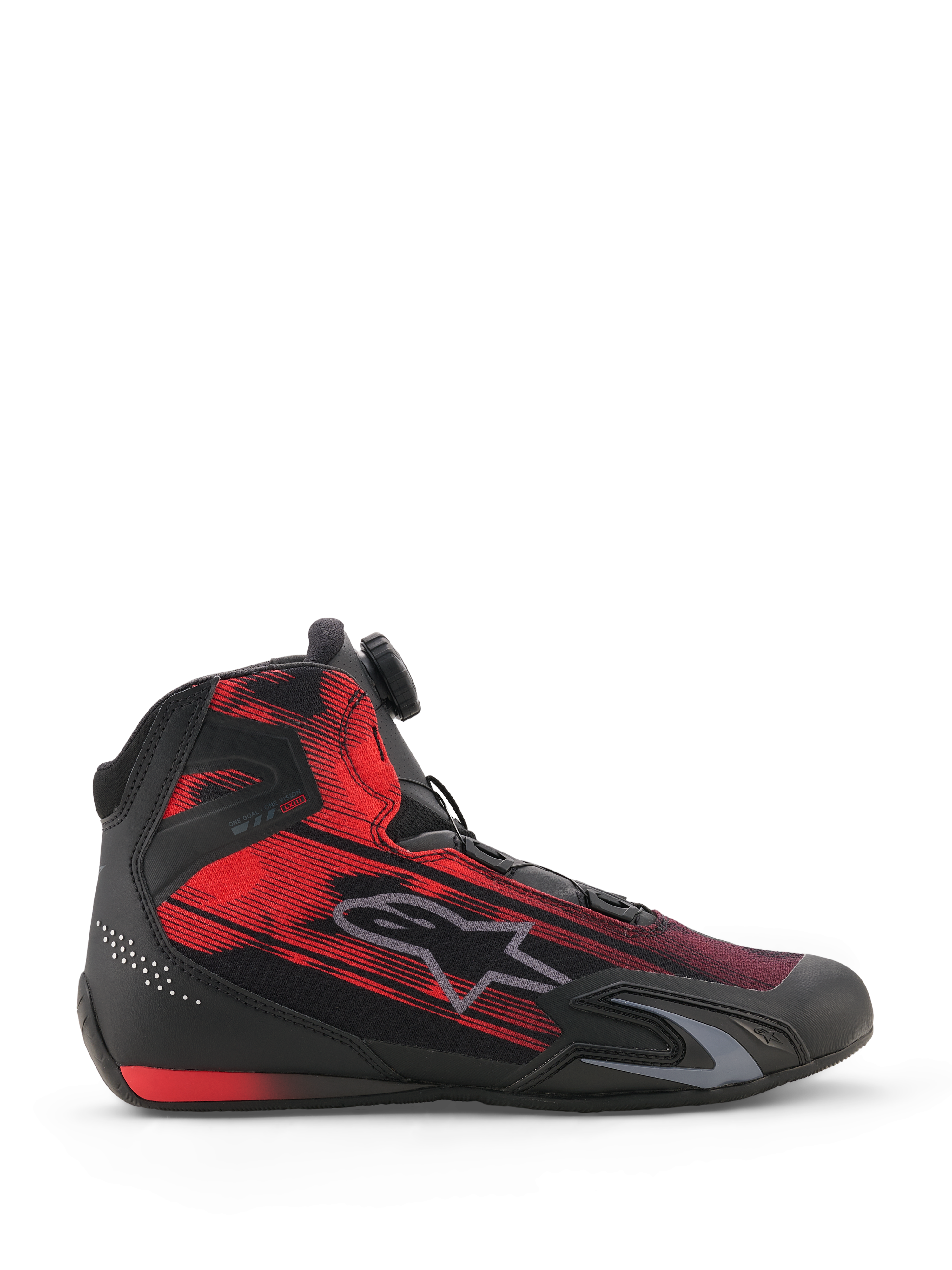 Alpinestars Celer Superair schoenen, motorschoenen, zwart en felrood, zijaanzicht met een gestreept grafisch bovenwerk van textiel, grijs Alpinestars-logo en Rotor Sluitingssysteem-draaiknop, sportieve performance-schoenen voor motorrijders