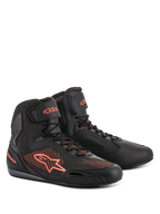 Alpinestars Faster-3 Rideknit Shoes, Motorcycle Riding Shoes, Black and Red Fluorescent, featuring breathable knit panels and lightweight microfiber construction, high-top profile with Alpinestars logo on the side and heel, secure lace-up closure with hook-and-loop ankle strap