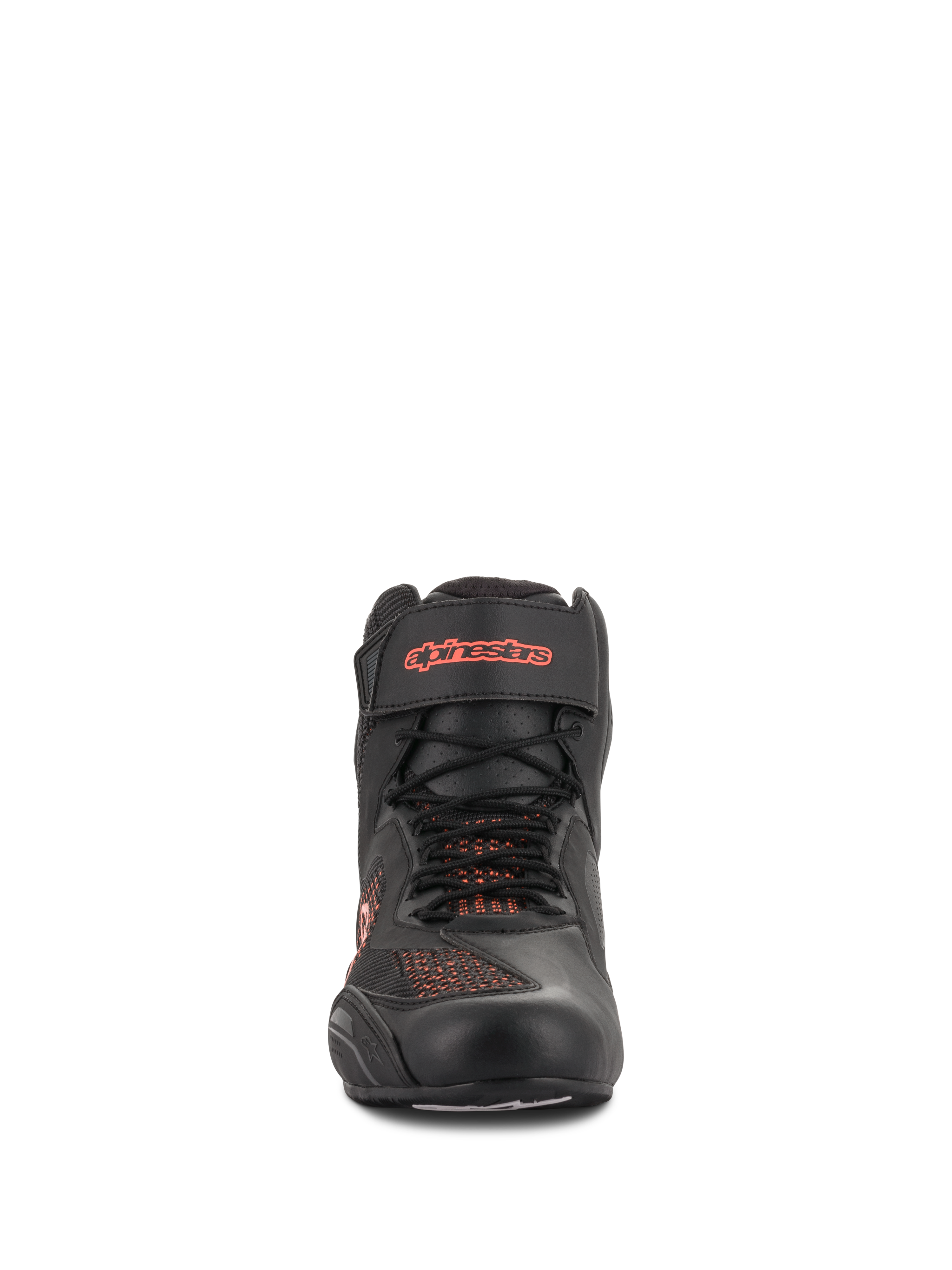 Alpinestars Faster-3 Rideknit® Shoes, Black and Red Fluo, front-facing view, motorcycle riding shoe featuring breathable knit mesh panels and Velcro ankle strap with red logo