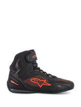 Alpinestars Faster-3 Rideknit® Shoes, Motorcycle Riding Shoe, Black and Red Fluo, lateral profile view, breathable knit and microfiber upper, fluorescent red Alpinestars logo and branding, lightweight protective footwear for road and urban riding