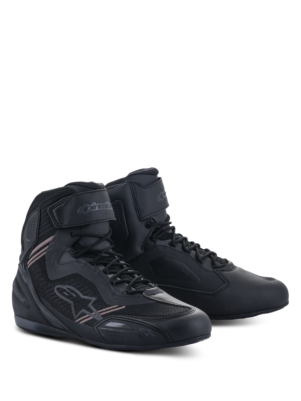 Alpinestars Faster-3 Rideknit® Shoes, Motorcycle Riding Shoes, Black Black, featuring a lightweight microfiber and mesh upper, lace-up closure with a hook-and-loop ankle strap, and sleek road racing design.
