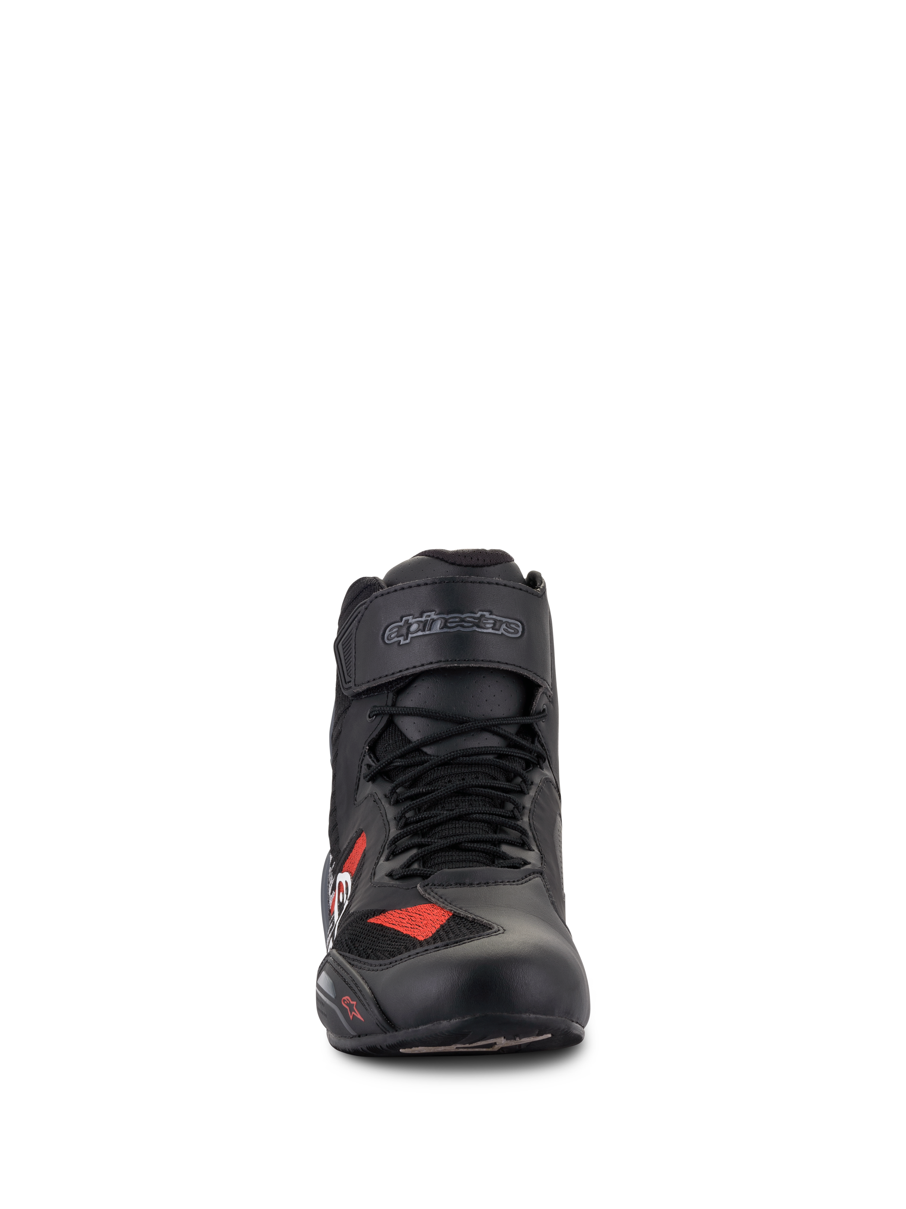 Alpinestars Faster-3 Rideknit® Shoes, Motorcycle Riding Shoes, Black Gray and Bright Red, front view showing black laces and Velcro strap with logo, lightweight microfiber and breathable mesh construction, sporty design for road riding