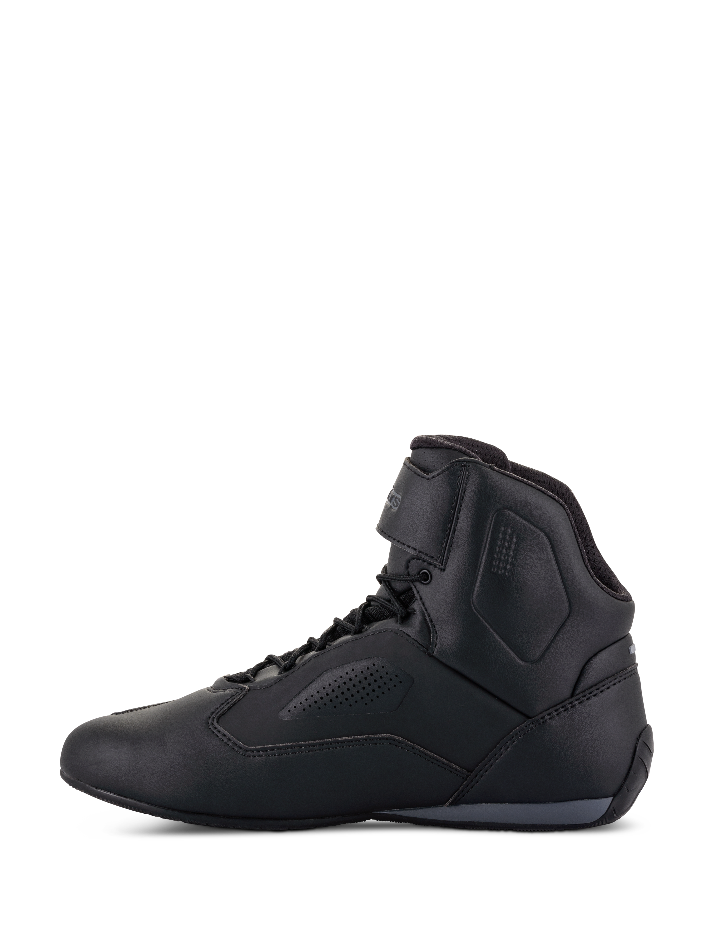 Alpinestars Faster-3 Rideknit® Shoes, Motorcycle Riding Shoes, Black, side profile view, sleek microfiber upper with perforated ventilation panels, lace-up closure with hook and loop ankle strap, sporty road racing-inspired design