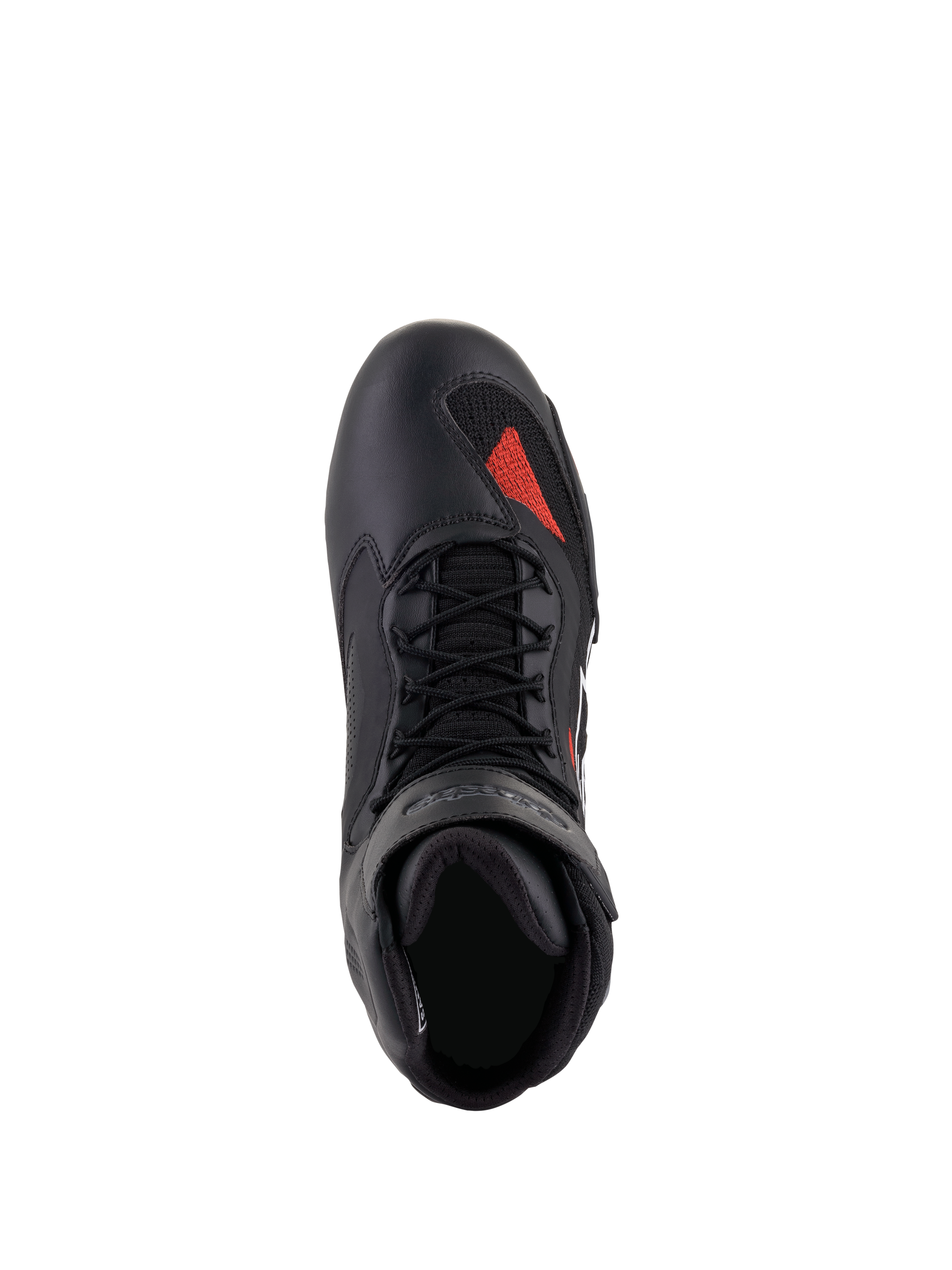 Alpinestars Faster-3 Rideknit® Shoes, Black Gray Bright Red, top-down view, featuring black microfiber chassis with a red knit accent on the toe, black laces, and padded collar, technical motorcycle riding footwear