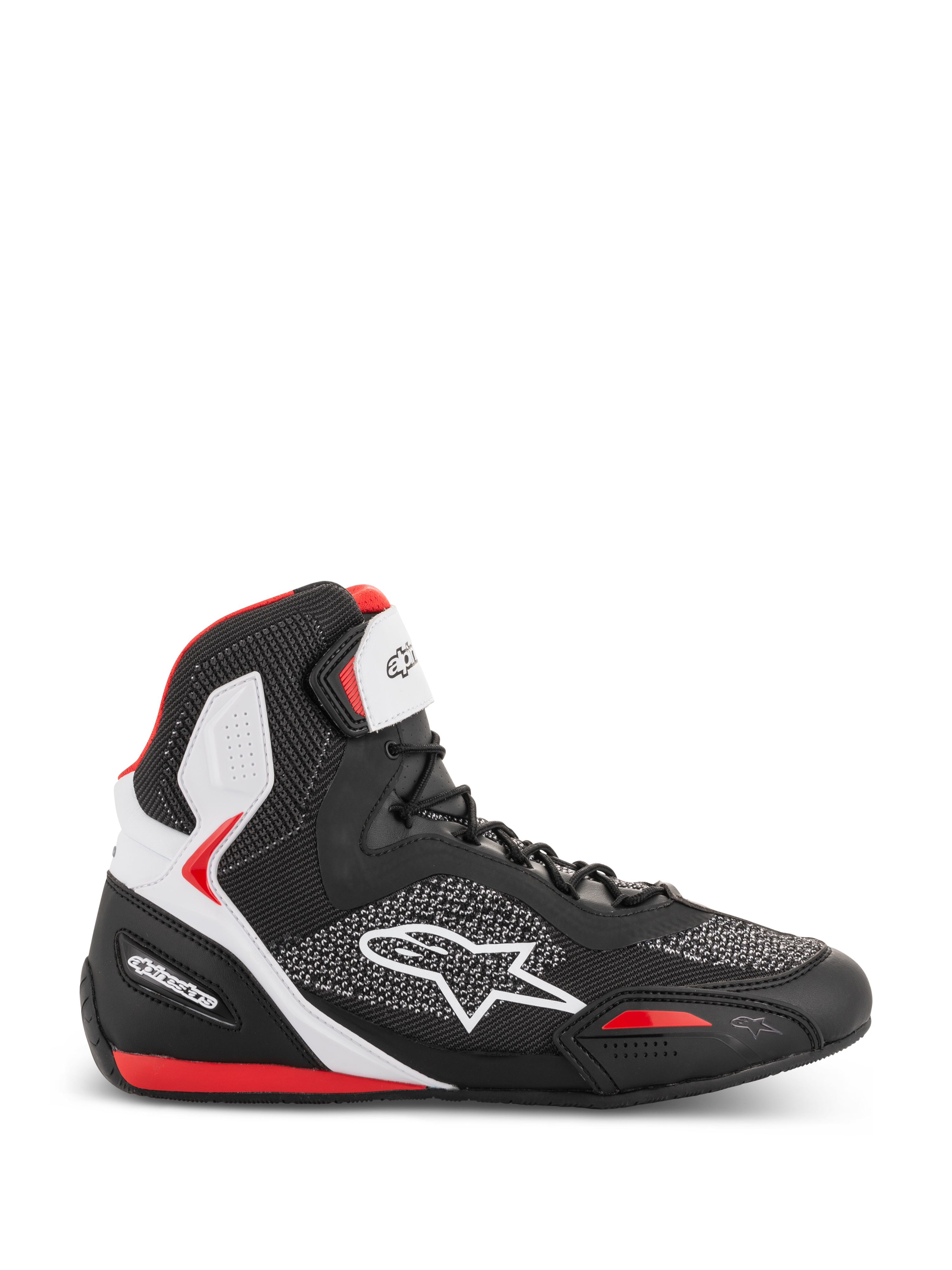 Alpinestars Faster-3 Rideknit Shoes, high-top motorcycle riding sneakers, black white and red, breathable knit mesh upper with white star logo, padded ankle support, sporty road racing design