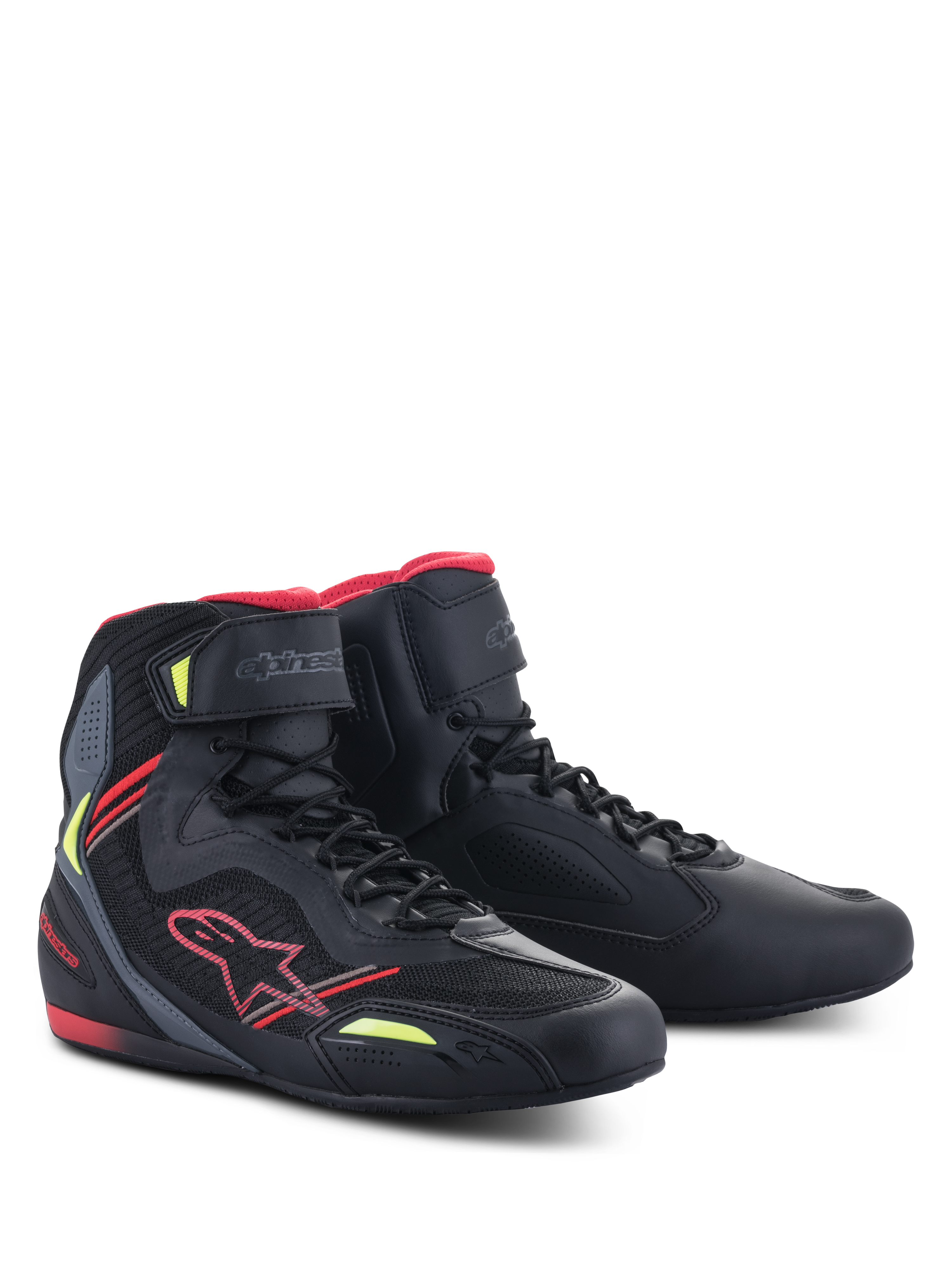 Alpinestars Faster-3 Rideknit® Shoes, Black Red Yellow Fluo, lightweight motorcycle riding shoes featuring a microfiber and mesh upper, red Alpinestars logo, and fluorescent yellow accents, high-top profile with lace-up closure and ankle strap.