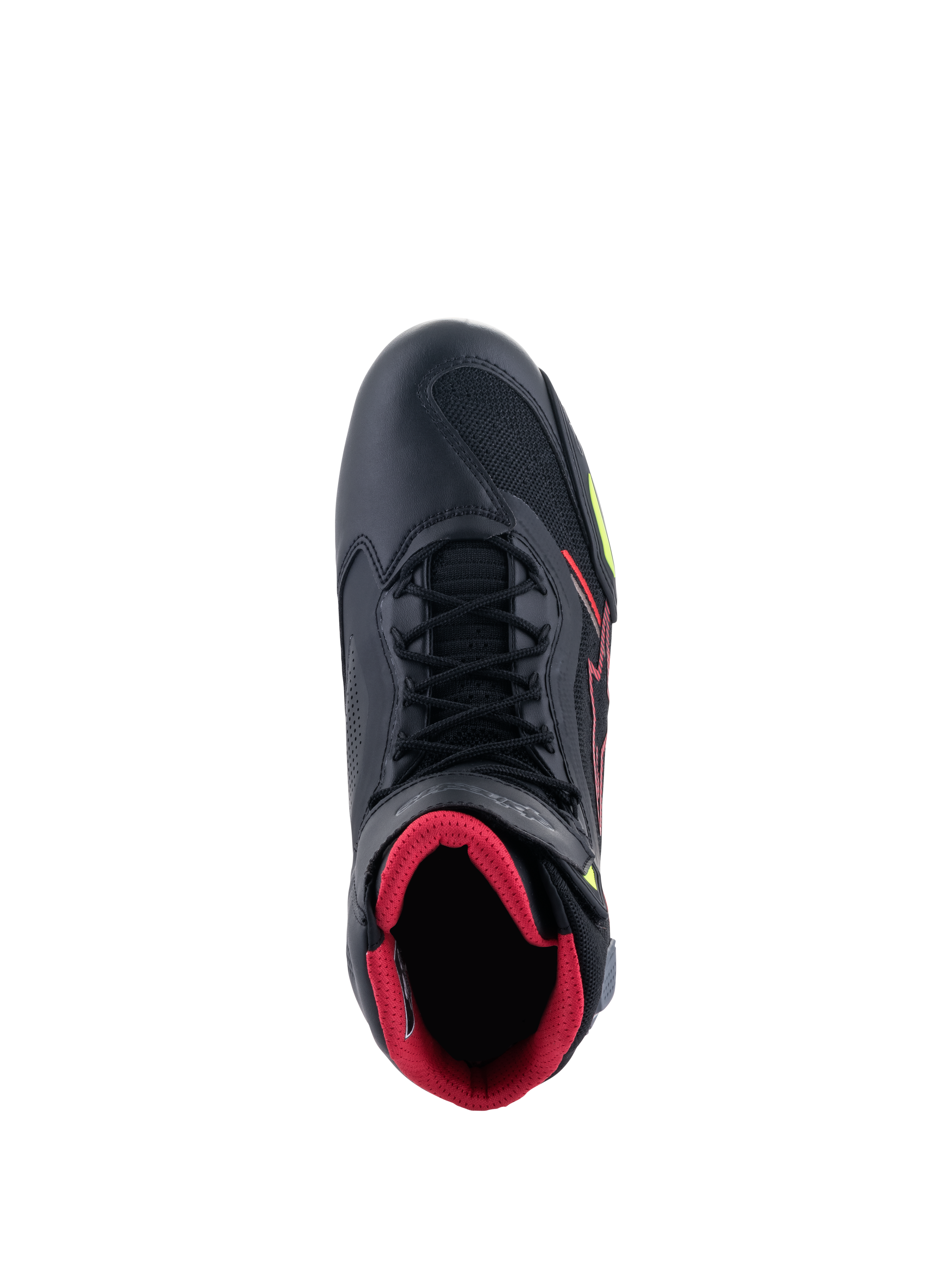 Alpinestars Faster-3 Rideknit® Shoes, top-down view of a black motorcycle riding shoe, featuring a red interior lining, black laces, breathable knit panels, and red and yellow fluo accents, lightweight sport riding footwear