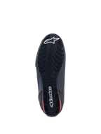 Alpinestars Faster-3 Rideknit® Shoes, Bottom View, Black sole with red accents, featuring textured tread pattern for grip, white Alpinestars star logo on the toe and wordmark on the heel, lightweight motorcycle riding footwear