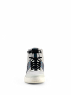 Alpinestars Circal rijschoenen, grijs, zwart en methylblauw, vooraanzicht van stedelijke motorschoenen met een high-top ontwerp met canvas panelen, zwarte elastische veters en een gespikkelde off-white zool