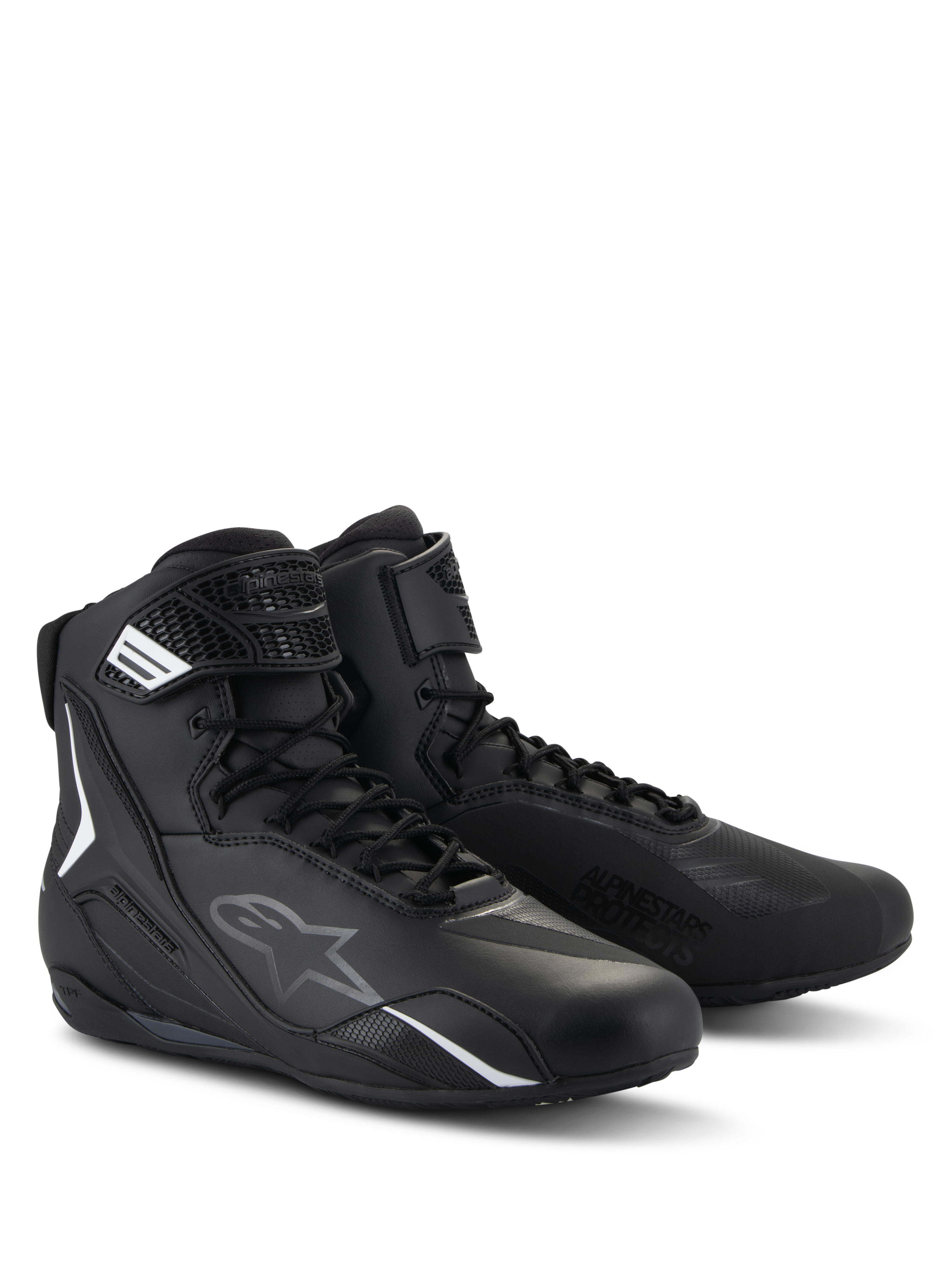 Alpinestars Faster-4 schoenen, motorrijschoenen, zwart, hoog model met vetersluiting en klittenbandsluiting, voorzien van witte en grijze logo's, gestroomlijnde microvezelconstructie voor rijden op de weg