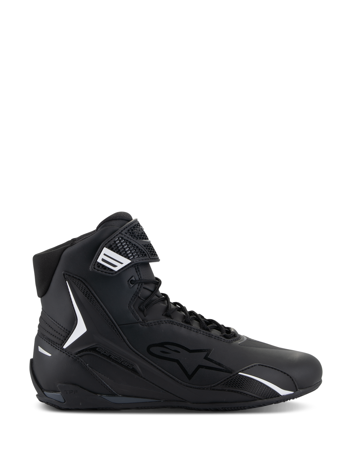 Alpinestars Faster-4 schoenen, zwarte hoge motorschoen, zijprofiel, zwart met witte accenten, vetersluiting met klittenbandstrip, sportief ontwerp met gevoerde kraag en TPU-bescherming