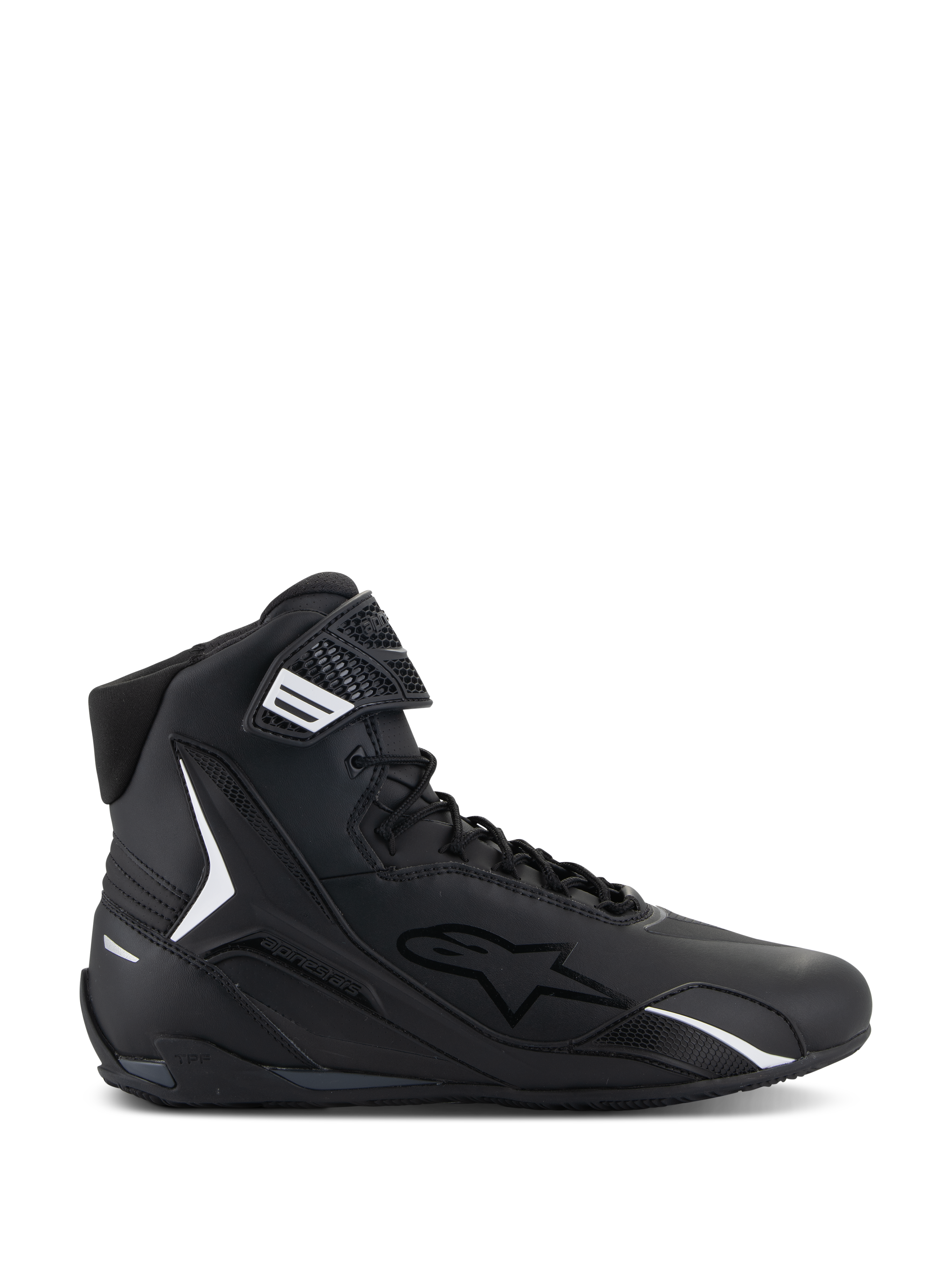 Alpinestars Faster-4 schoenen, zwarte hoge motorschoen, zijprofiel, zwart met witte accenten, vetersluiting met klittenbandstrip, sportief ontwerp met gevoerde kraag en TPU-bescherming