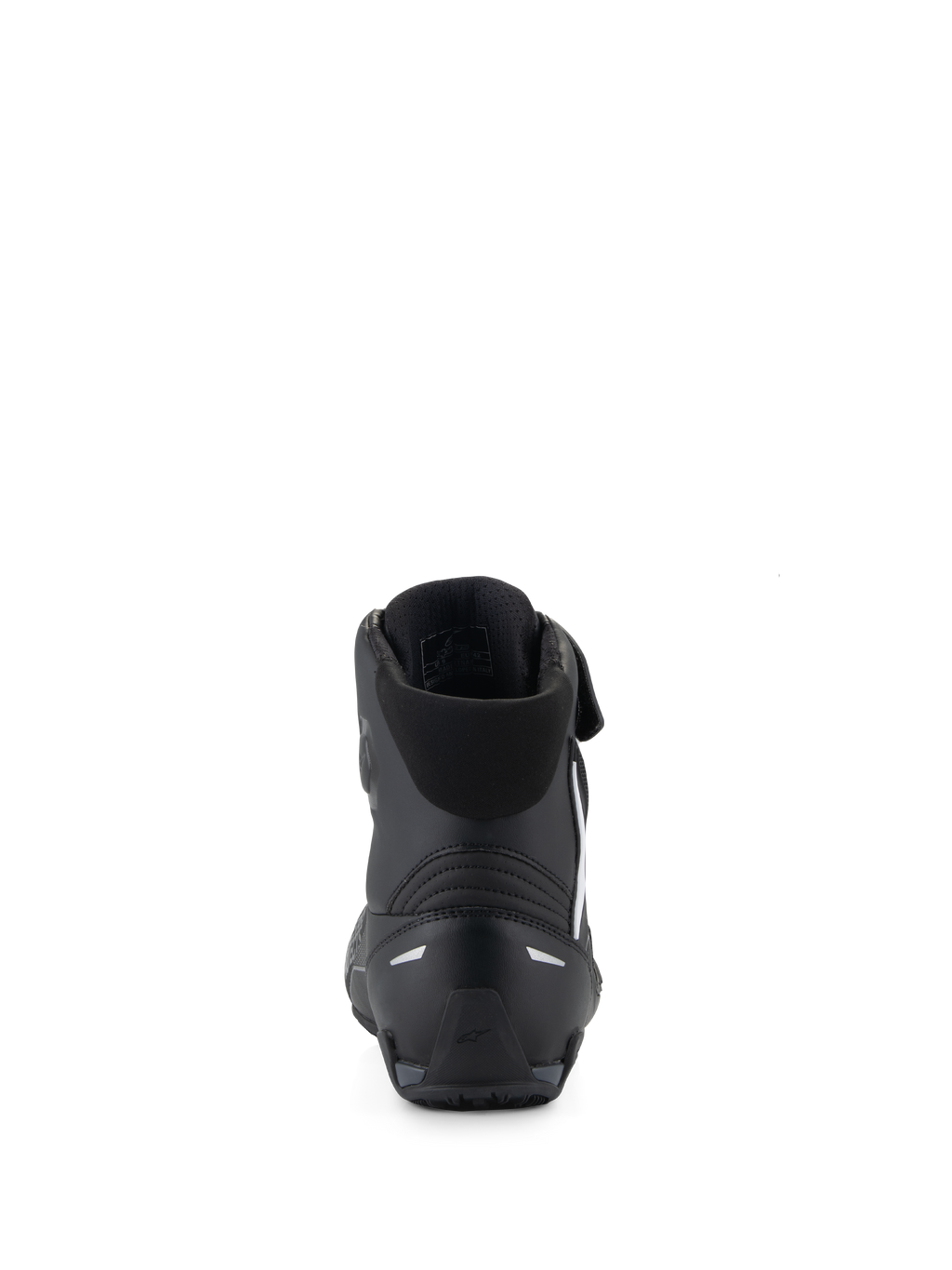 Alpinestars Faster-4 schoenen, zwarte motorschoenen, achteraanzicht met focus op de TPR-hielcounter en reflecterende accenten, gewatteerde textielkraag, prestatiegericht ontwerp voor sportief rijden op de weg
