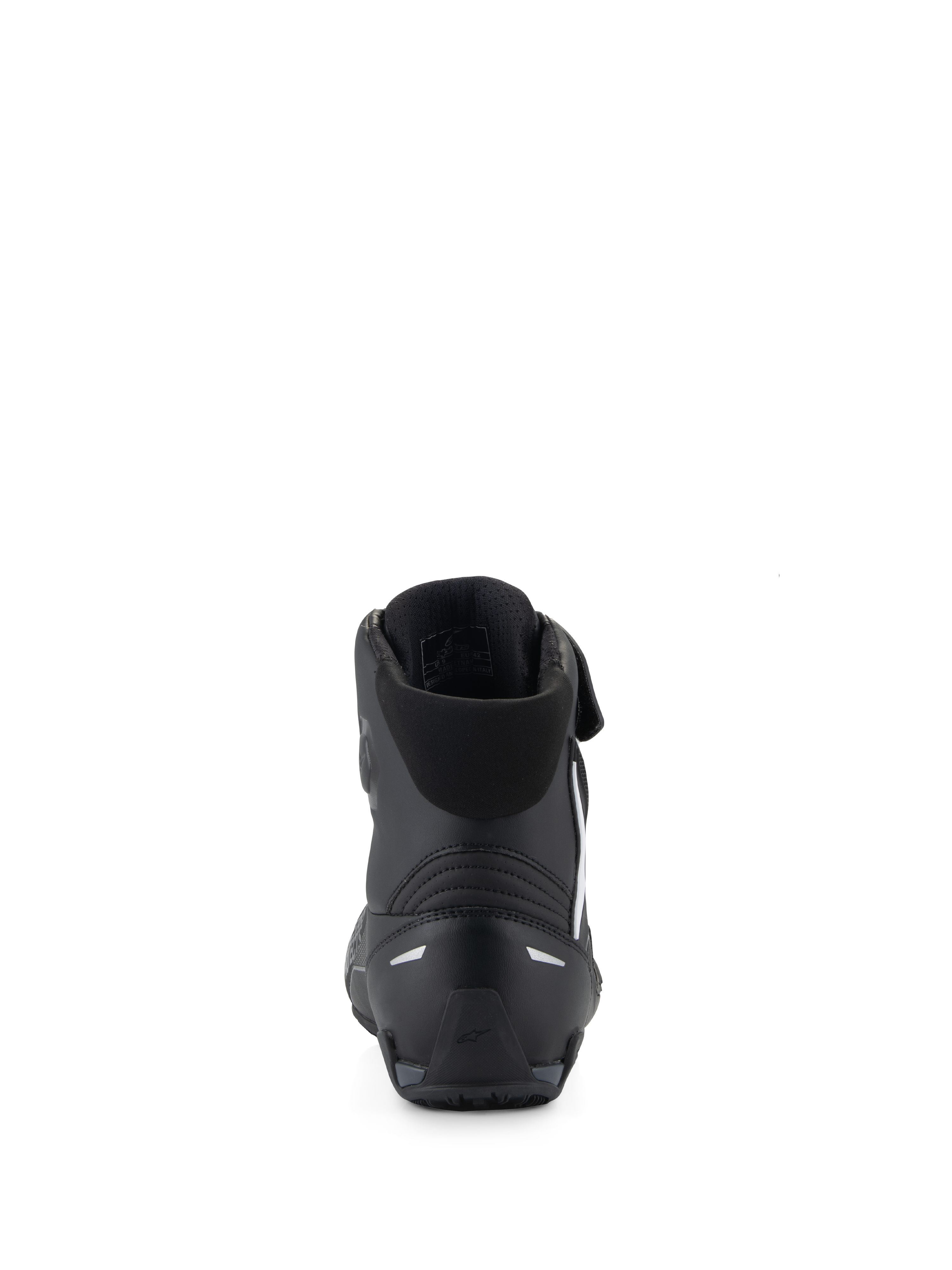 Alpinestars Faster-4 schoenen, zwarte motorschoenen, achteraanzicht met focus op de TPR-hielcounter en reflecterende accenten, gewatteerde textielkraag, prestatiegericht ontwerp voor sportief rijden op de weg