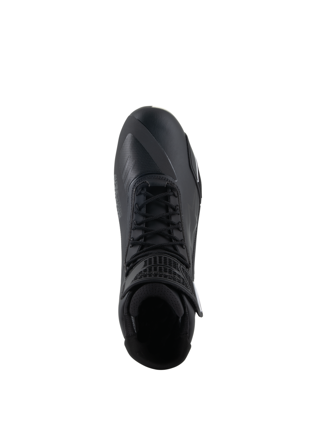 Alpinestars Faster-4 schoenen, zwarte motorschoenen, bovenaanzicht, voorzien van traditionele vetersluiting, naadloos microvezel bovenwerk en gewatteerde enkelkraag.