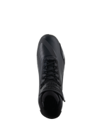 Alpinestars Faster-4 schoenen, zwarte motorschoenen, bovenaanzicht, voorzien van traditionele vetersluiting, naadloos microvezel bovenwerk en gewatteerde enkelkraag.
