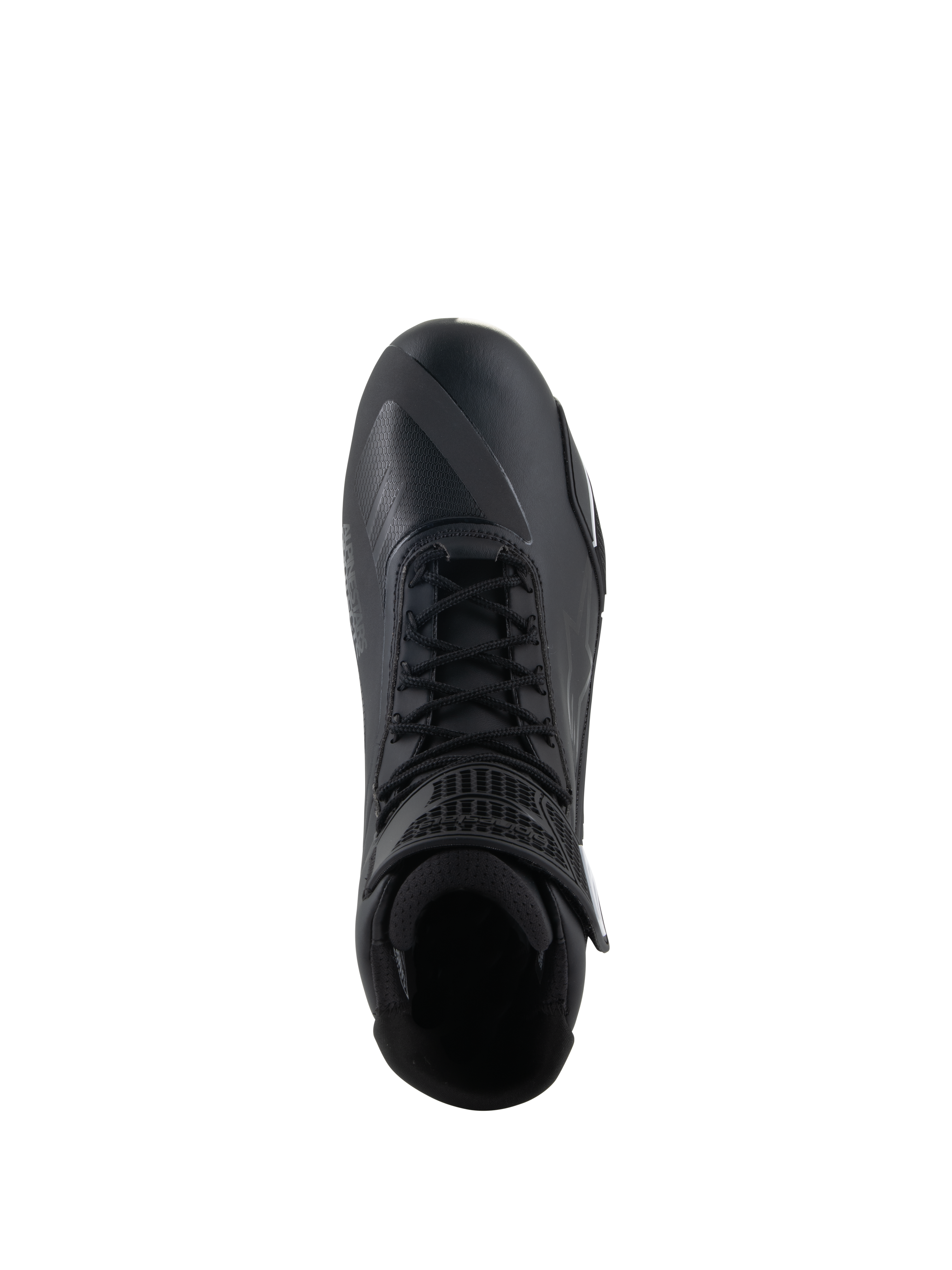 Alpinestars Faster-4 schoenen, zwarte motorschoenen, bovenaanzicht, voorzien van traditionele vetersluiting, naadloos microvezel bovenwerk en gewatteerde enkelkraag.