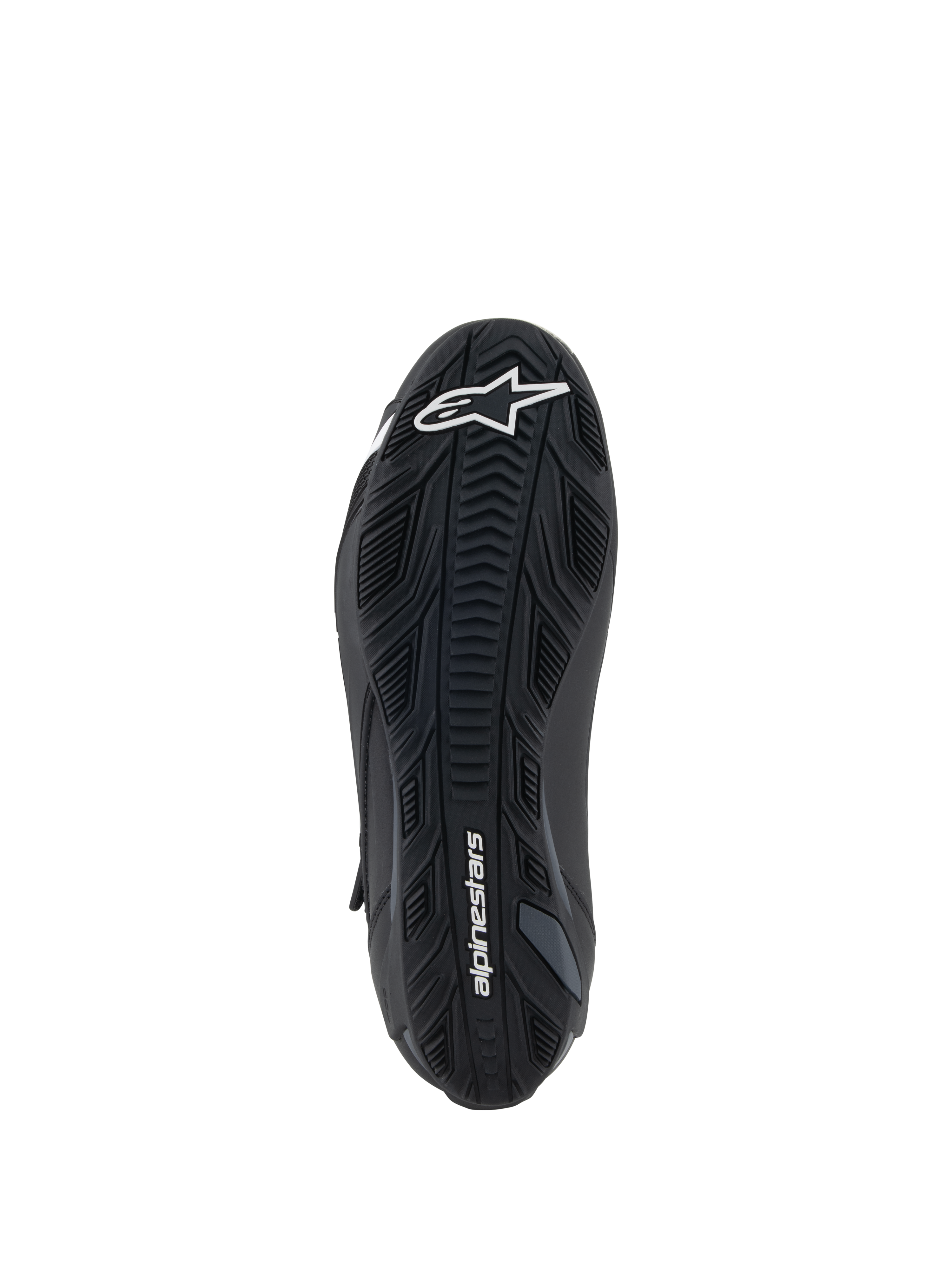 Alpinestars Faster-4 schoenen, zwart, onderaanzicht van de rubberen buitenzool met getextureerde grippatronen, wit Alpinestars-logo op de voorvoet en merknaam op de hiel, performance motorrijschoen