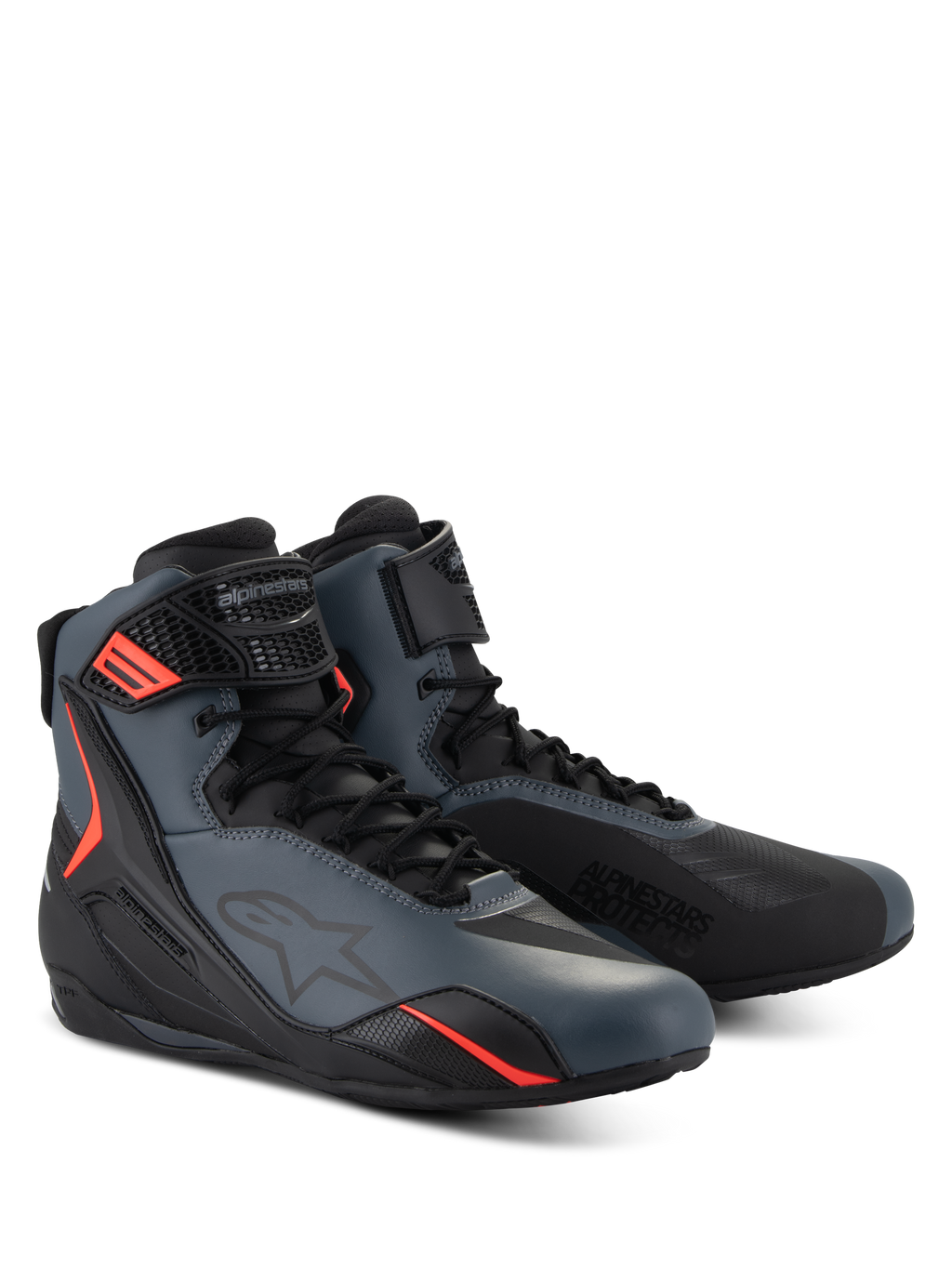 Alpinestars Faster-4 schoenen, motorschoenen, zwart, grijs en fluo rood, naadloos bovenwerk van microvezel met beschermende TPU-panelen, vetersluiting met klittenbandsluiting, sportief aerodynamisch profiel voor op de weg
