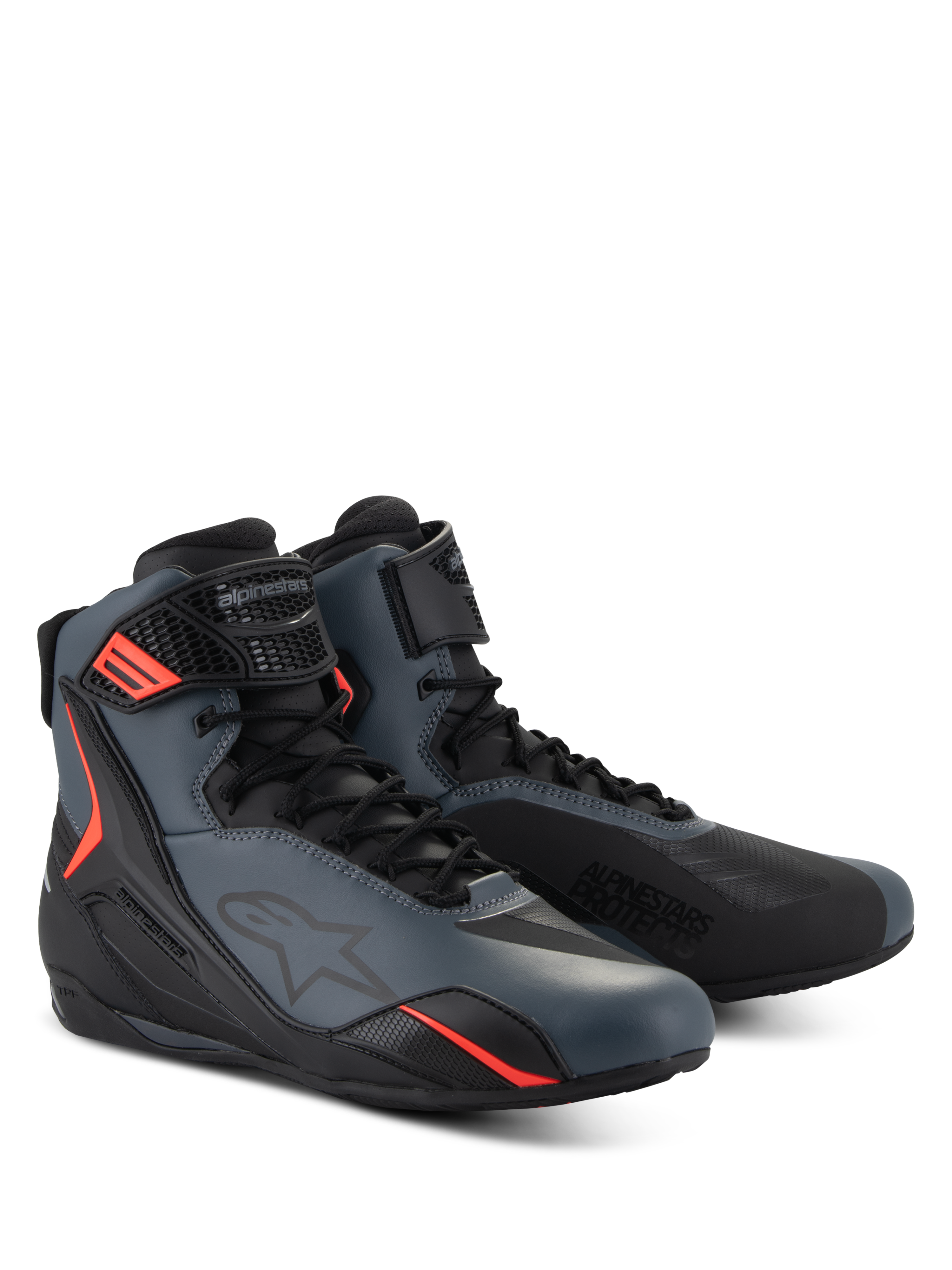 Alpinestars Faster-4 schoenen, motorschoenen, zwart, grijs en fluo rood, naadloos bovenwerk van microvezel met beschermende TPU-panelen, vetersluiting met klittenbandsluiting, sportief aerodynamisch profiel voor op de weg