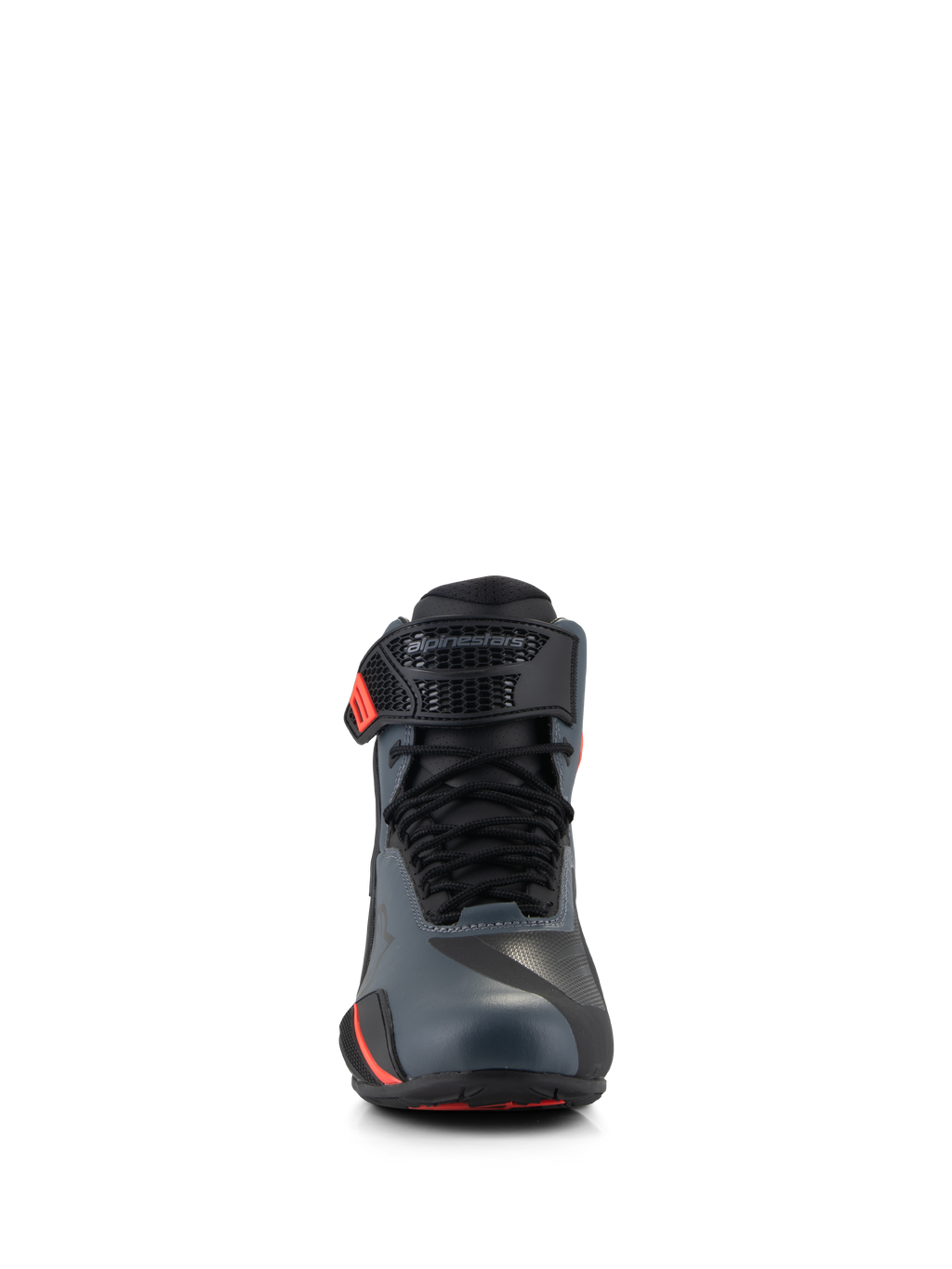Alpinestars Faster-4 schoenen, motorschoenen, zwart, grijs en fluo rood, vooraanzicht met naadloos bovenwerk van microvezel, traditionele veters en verstelbare enkelband met Alpinestars-logo