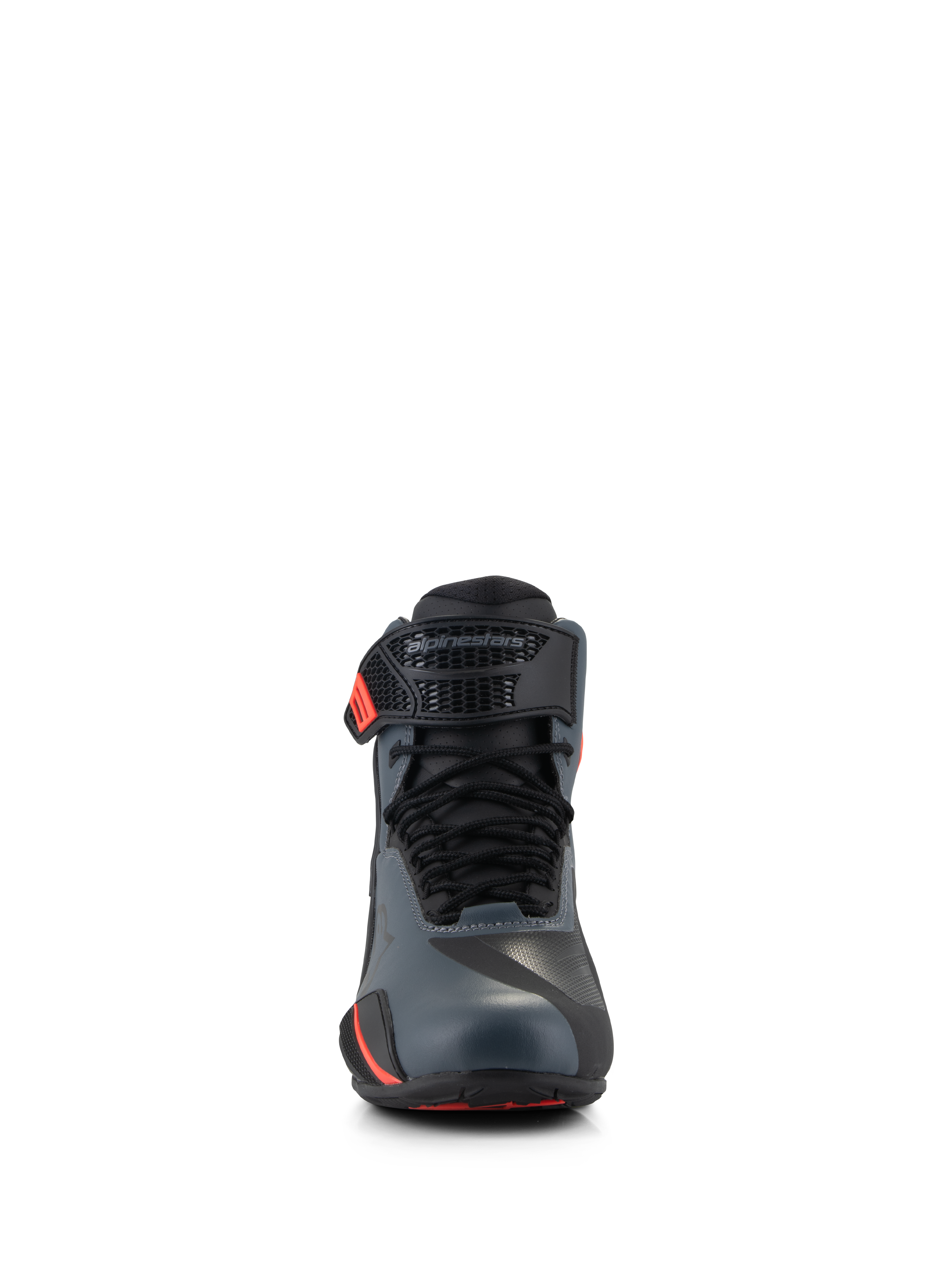 Alpinestars Faster-4 schoenen, motorschoenen, zwart, grijs en fluo rood, vooraanzicht met naadloos bovenwerk van microvezel, traditionele veters en verstelbare enkelband met Alpinestars-logo