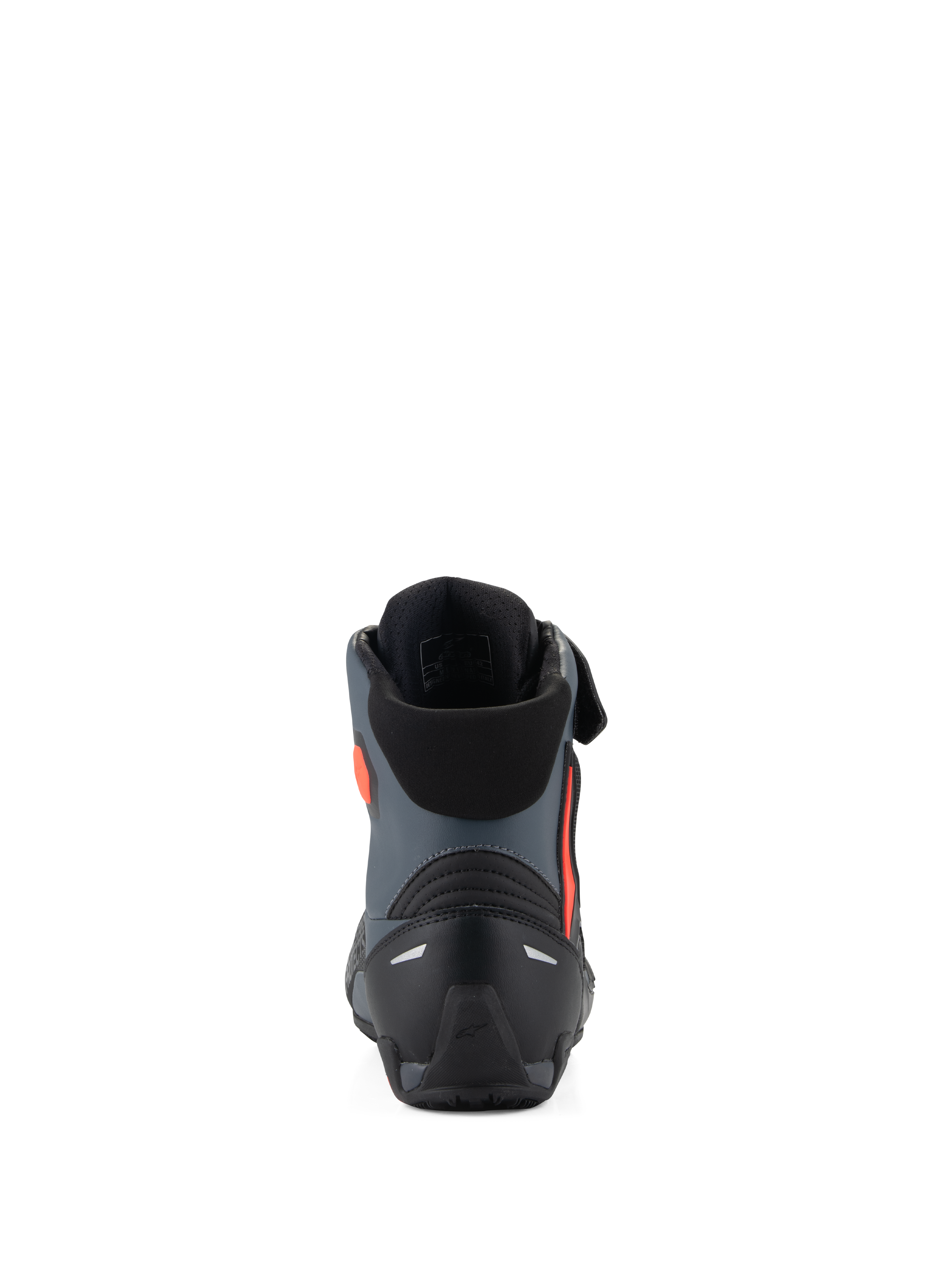 Alpinestars Faster-4 Schoenen, motorschoenen, zwart grijs en fluo rood, achteraanzicht met de versterkte hielkap, enkelondersteuning en een strak sportief ontwerp.