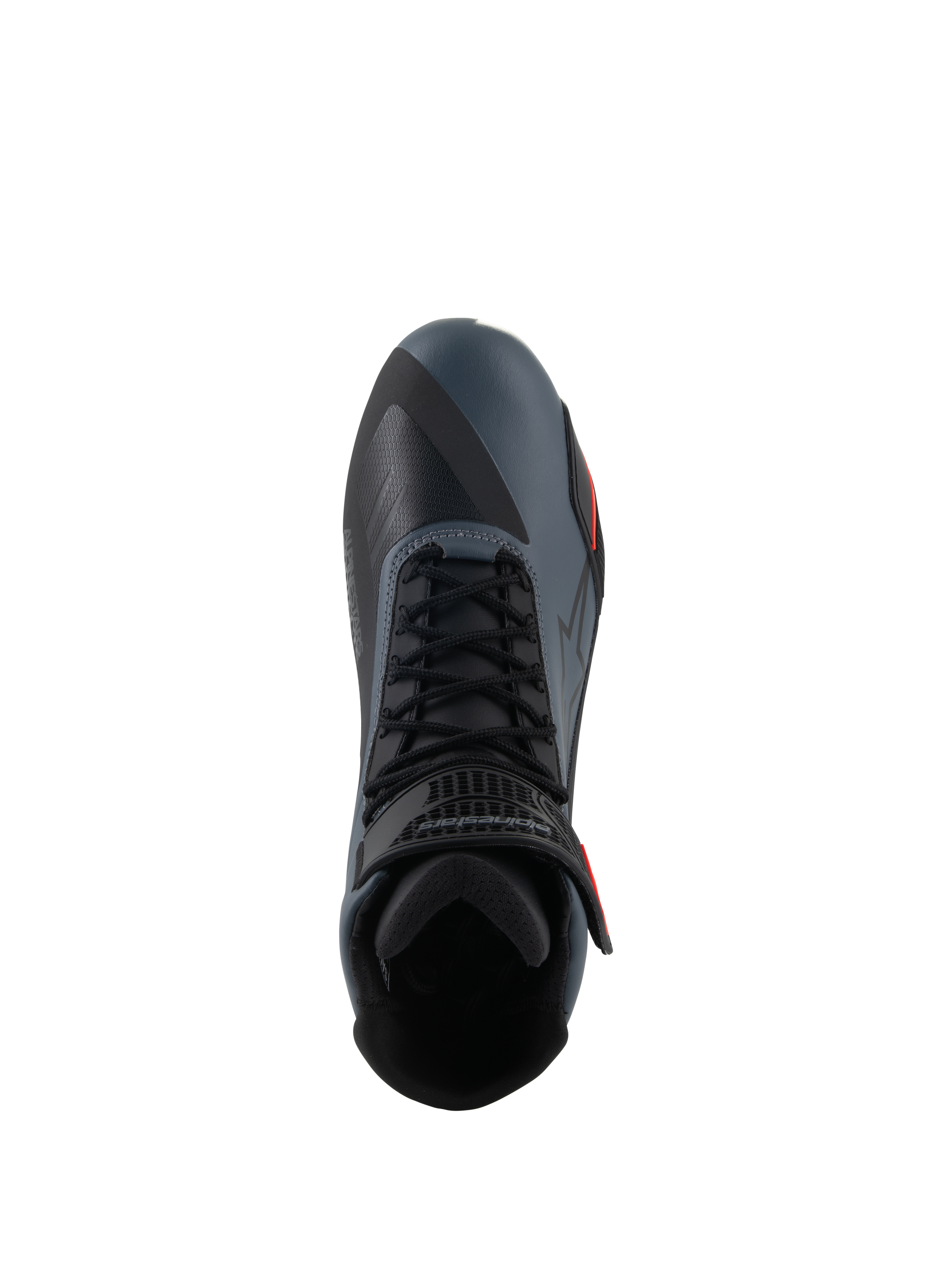 Alpinestars Faster-4 schoenen, motorschoenen, zwart grijs en fluo rood, bovenaanzicht met de vetersluiting en enkelband, bovenwerk van technische microvezel met naadloze panelen, sportief ontwerp voor prestatiegericht rijden op de weg