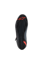 Alpinestars Faster-4 schoenen, motorrijschoenen, zwart en fluo rood, onderaanzicht met getextureerde rubberen zool met rood Astars-logo en merkreliëf, ontworpen voor grip en duurzaamheid