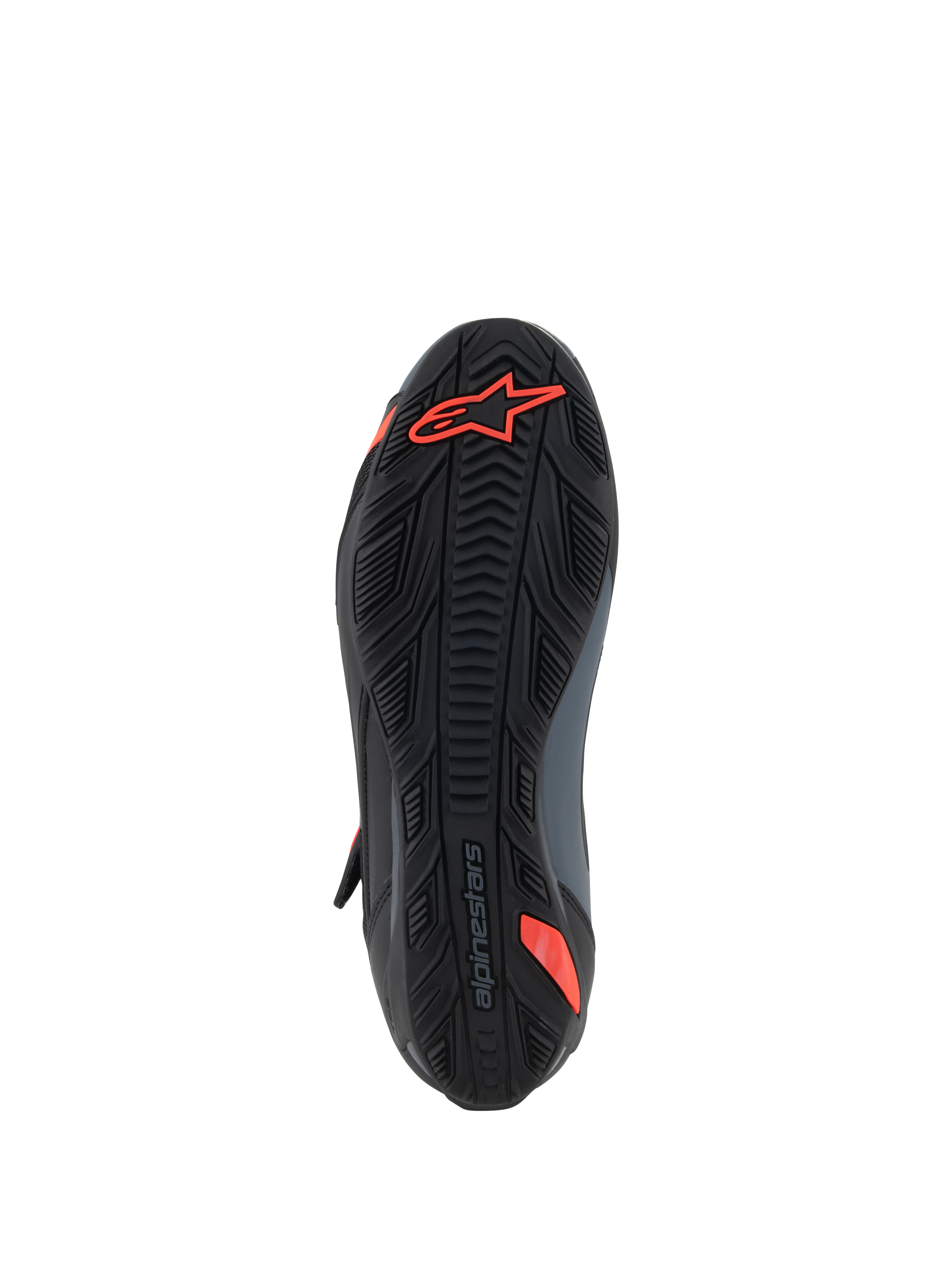 Alpinestars Faster-4 schoenen, motorrijschoenen, zwart en fluo rood, onderaanzicht met getextureerde rubberen zool met rood Astars-logo en merkreliëf, ontworpen voor grip en duurzaamheid