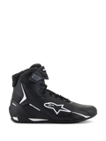 Alpinestars Faster-4 Shoes, Black and White Motorcycle Riding Shoes, side view of high-top design with white star logo, textured ankle strap, lace closure, sleek microfiber upper, performance racing-inspired footwear