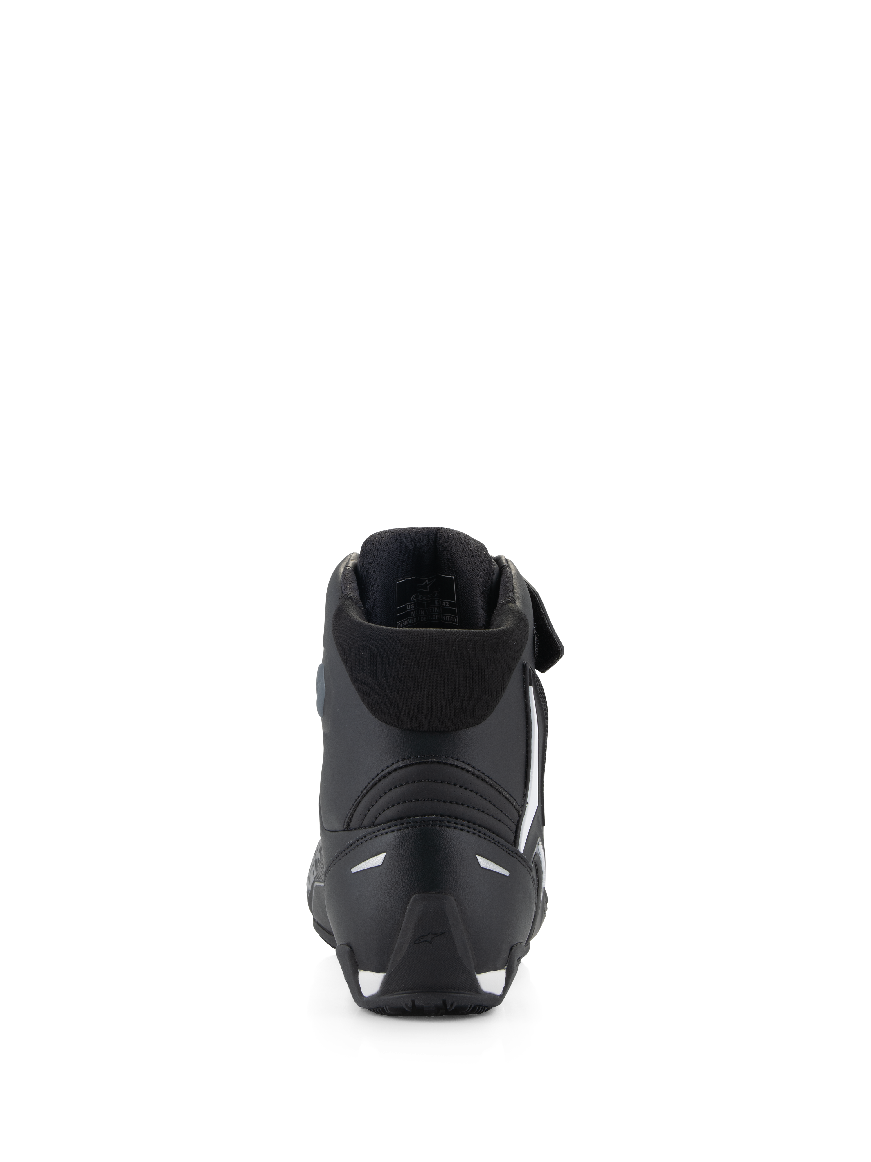 Alpinestars Faster-4 Shoes, Motorcycle Riding Shoes, Black, Rear view featuring a TPR heel counter, soft textile collar, and white accents on the heel and sole, performance-driven protective footwear