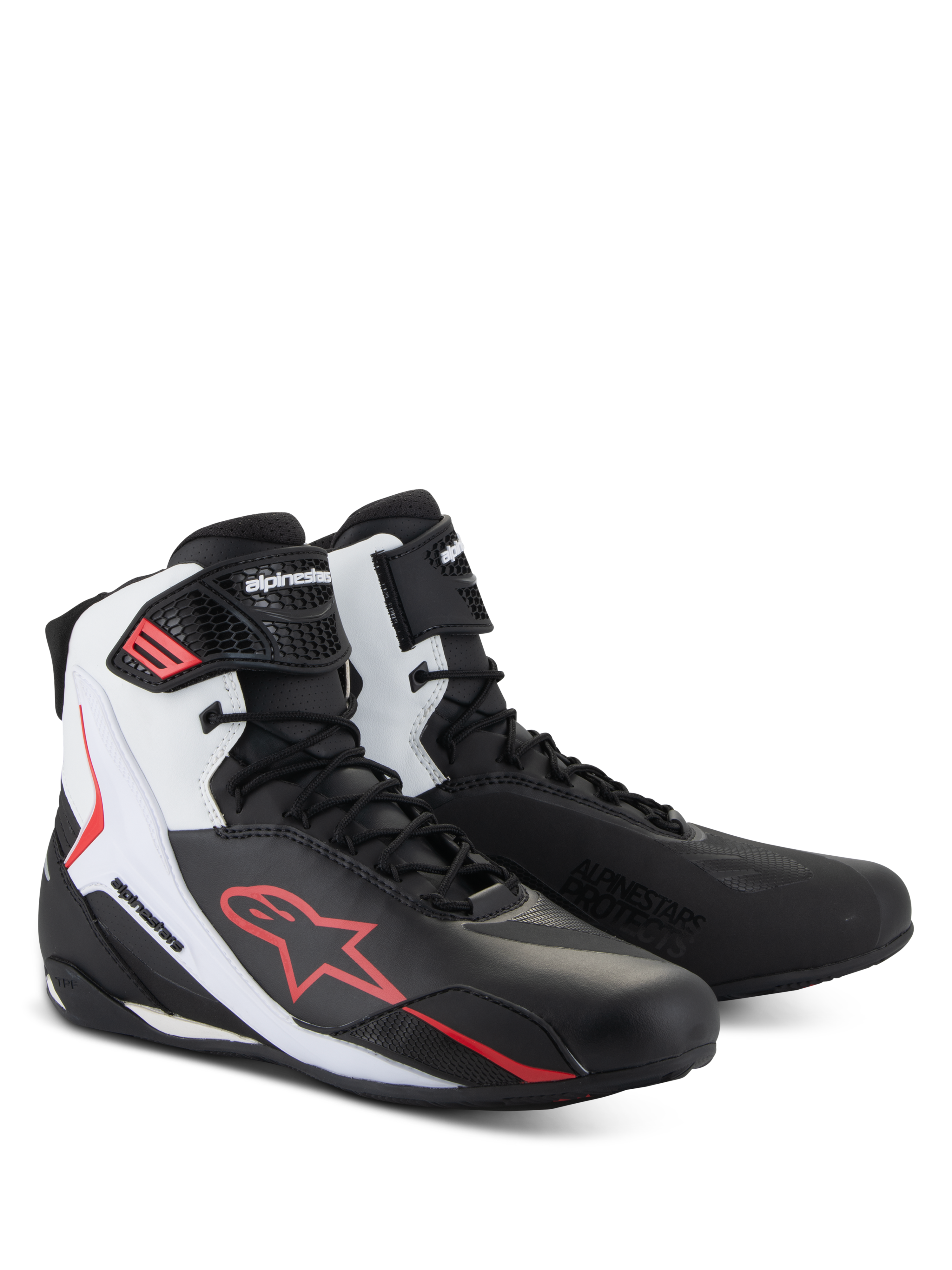Alpinestars Faster-4 schoenen, motorschoenen, zwart wit en rood, technische wegrijschoenen met een geavanceerd bovenwerk van microvezel, vetersluiting met een klittenband enkelband, opvallend rood Alpinestars-logo en beschermende TPR-sliders.