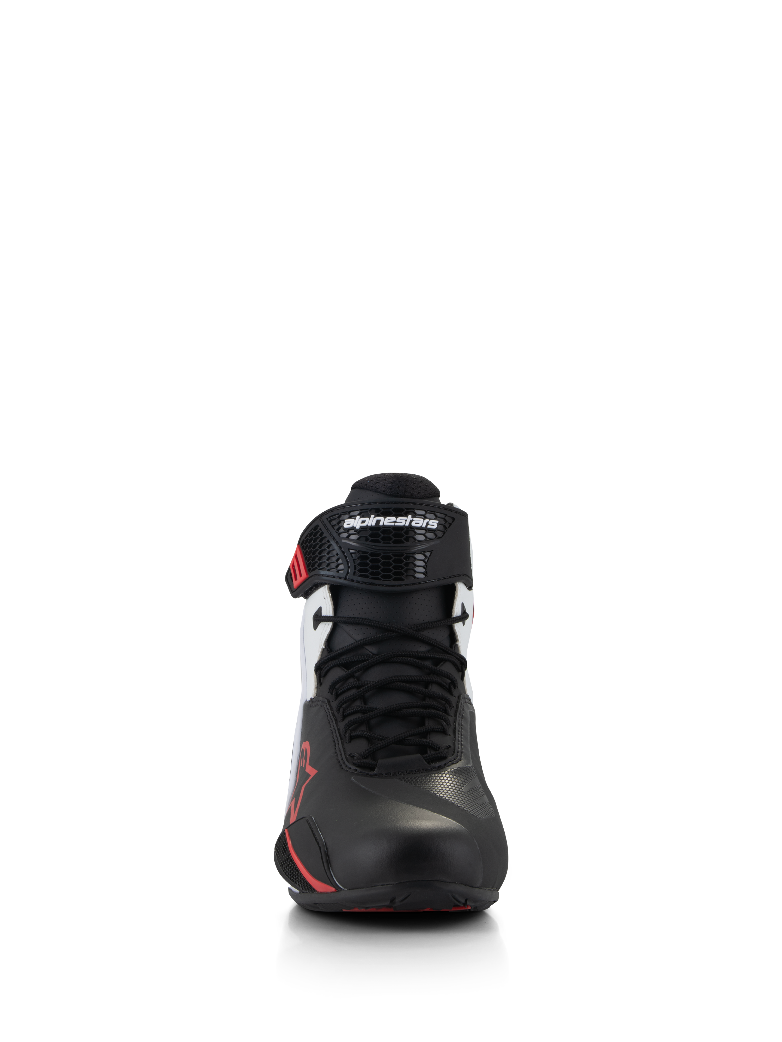 Alpinestars Faster-4 schoenen, motorschoenen, zwart, wit en rood, vooraanzicht met traditionele vetersluiting en ergonomische TPR-enkelband met Alpinestars-logo, gestroomlijnd bovenwerk van microvezel met rode accenten