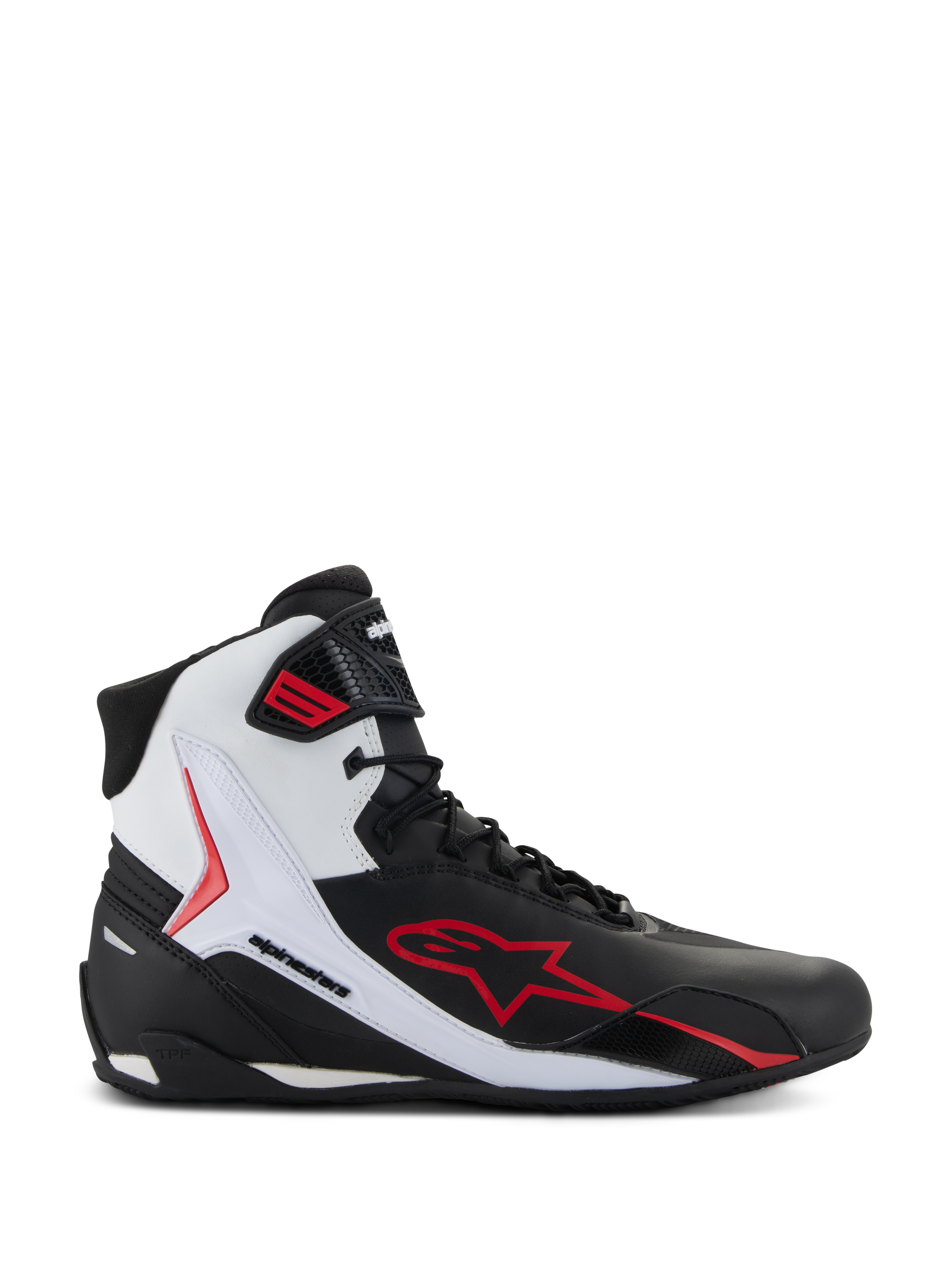 Alpinestars Faster-4 schoenen, hoge motorschoenen, zwart, wit en rood, met een groot rood stervormig logo, wit zijpaneel met Alpinestars-branding en een sportief design voor weggebruik