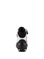 Alpinestars Faster-4 schoenen, achteraanzicht, zwart, wit en rood, met een zwarte TPR-hielcounter, wit microvezel bovenwerk met rode accenten en een zwarte gewatteerde kraag, prestatiegerichte motorrijschoenen