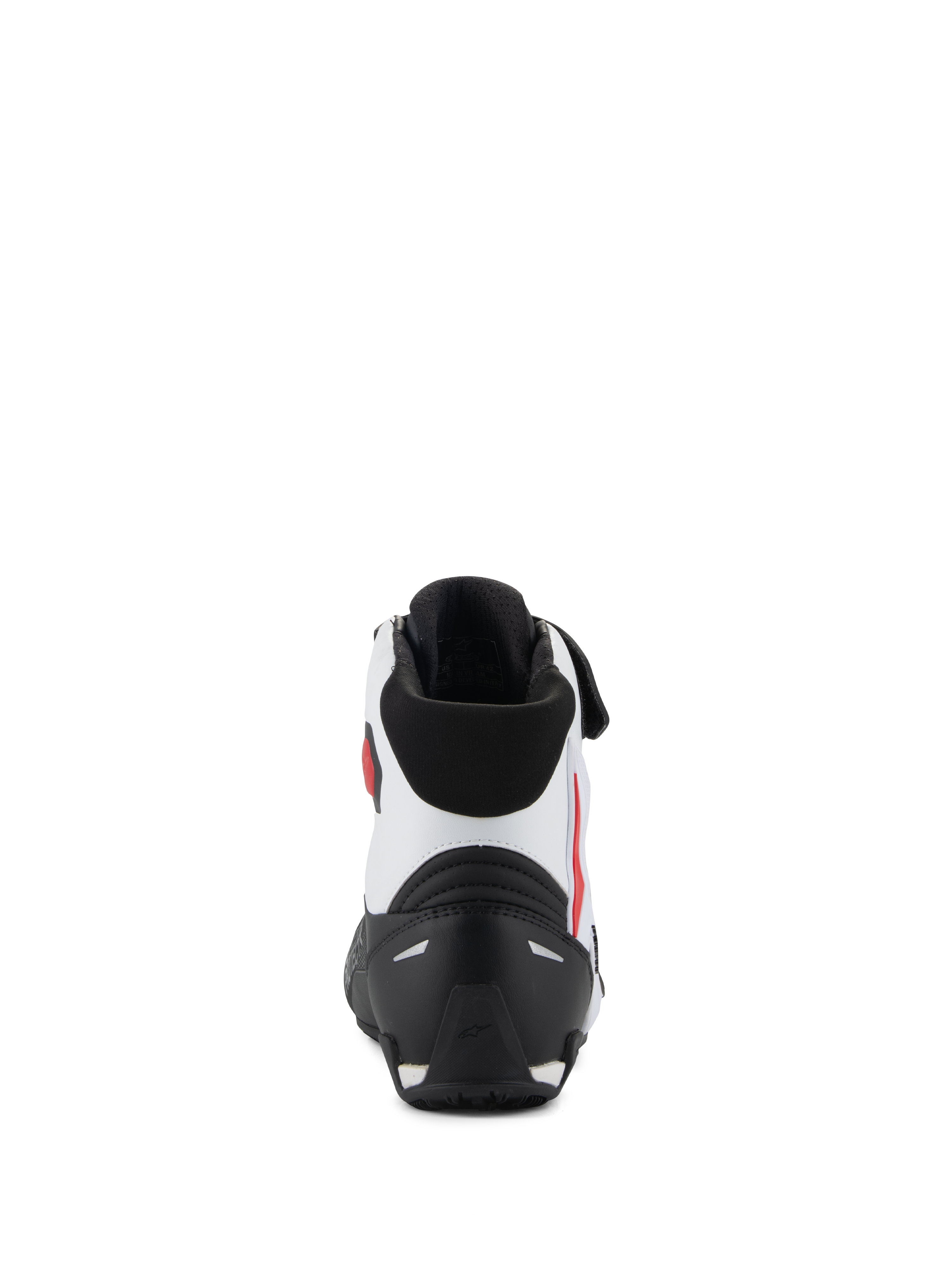 Alpinestars Faster-4 schoenen, achteraanzicht, zwart, wit en rood, met een zwarte TPR-hielcounter, wit microvezel bovenwerk met rode accenten en een zwarte gewatteerde kraag, prestatiegerichte motorrijschoenen